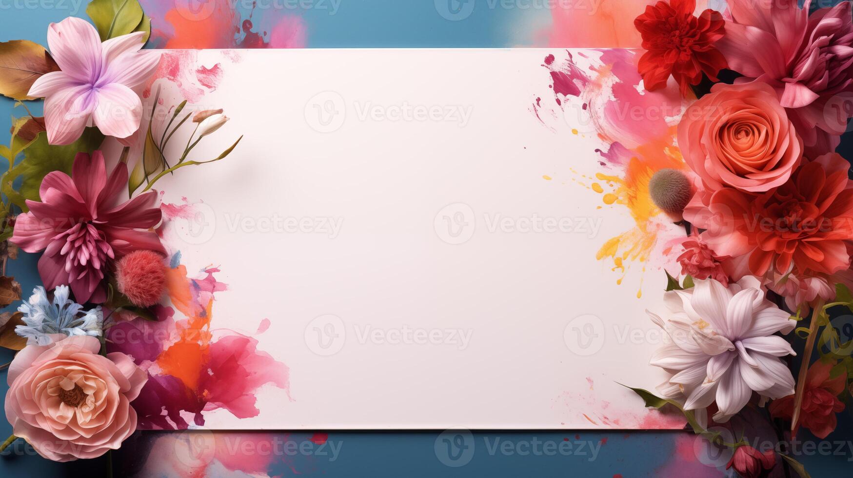 Artistic floral flatlay with paint splashes and blank space mockup. Fresh flowers greeting card template advertising image. Creative project. Stationery mock up product photorealistic photo