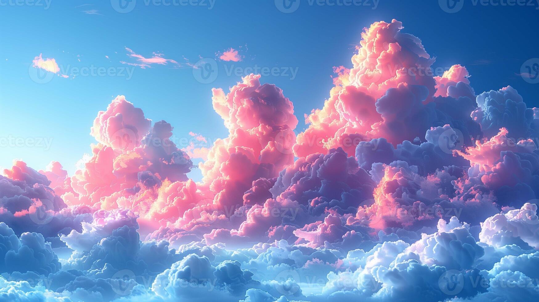 Pink sunlight illuminating fluffy clouds image. Picturesque cloudscape in sunny morning photography scene wallpaper. Inspiring scenic heaven beauty concept photorealistic photo