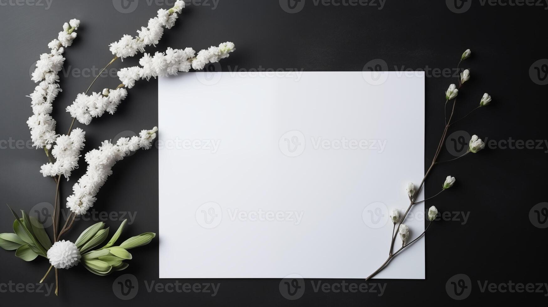 Spring white flowers and paper mockup on dark background. Elegant stationery. Wedding invitation template advertising image. Minimalistic arrangement mock up product photorealistic photo