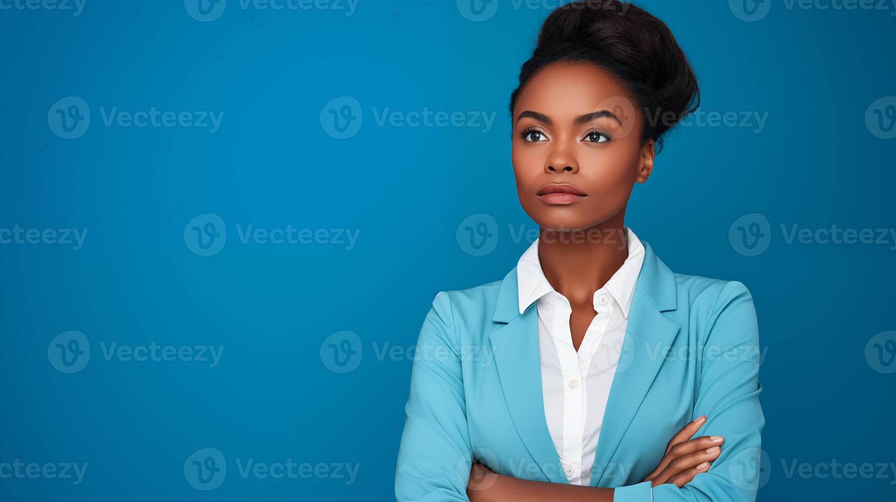 Determined black businesswoman with arms crossed image copy space. African american woman professional attire banner background. Corporate leadership concept photography copyspace photo