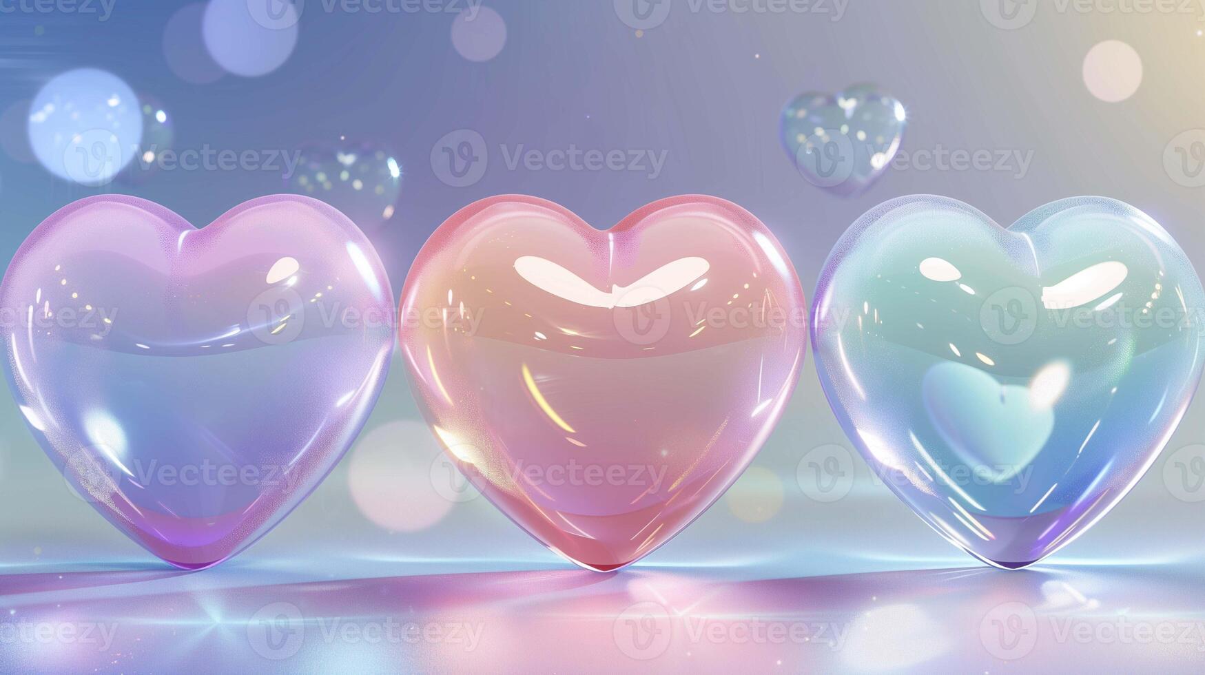 Shiny heart shapes made of glass closeup image. Valentine day celebration traditional symbols close up photography. Romantic love feelings demonstration concept photo realistic