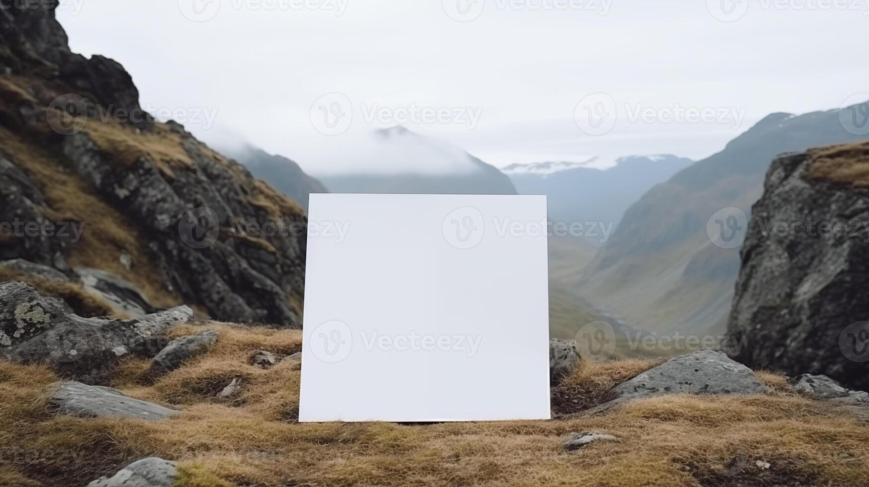 Blank white card mockup stands against breathtaking mountain valley. Rocky cliffs and dry grass template advertising image. Distant misty wilderness peaceful mock up photorealistic photo