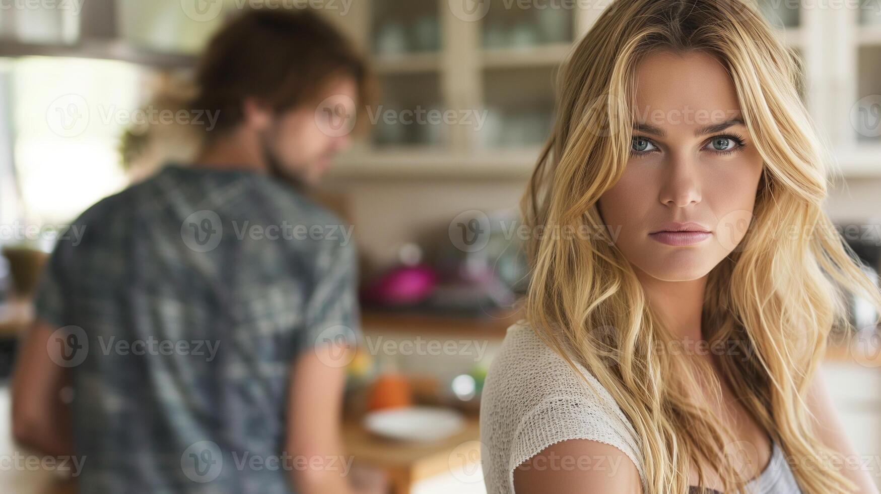 Woman with intense expression stands in kitchen with partner portrait image. Tension between spouses picture photorealistic photography. Toxic relationships concept photo realistic