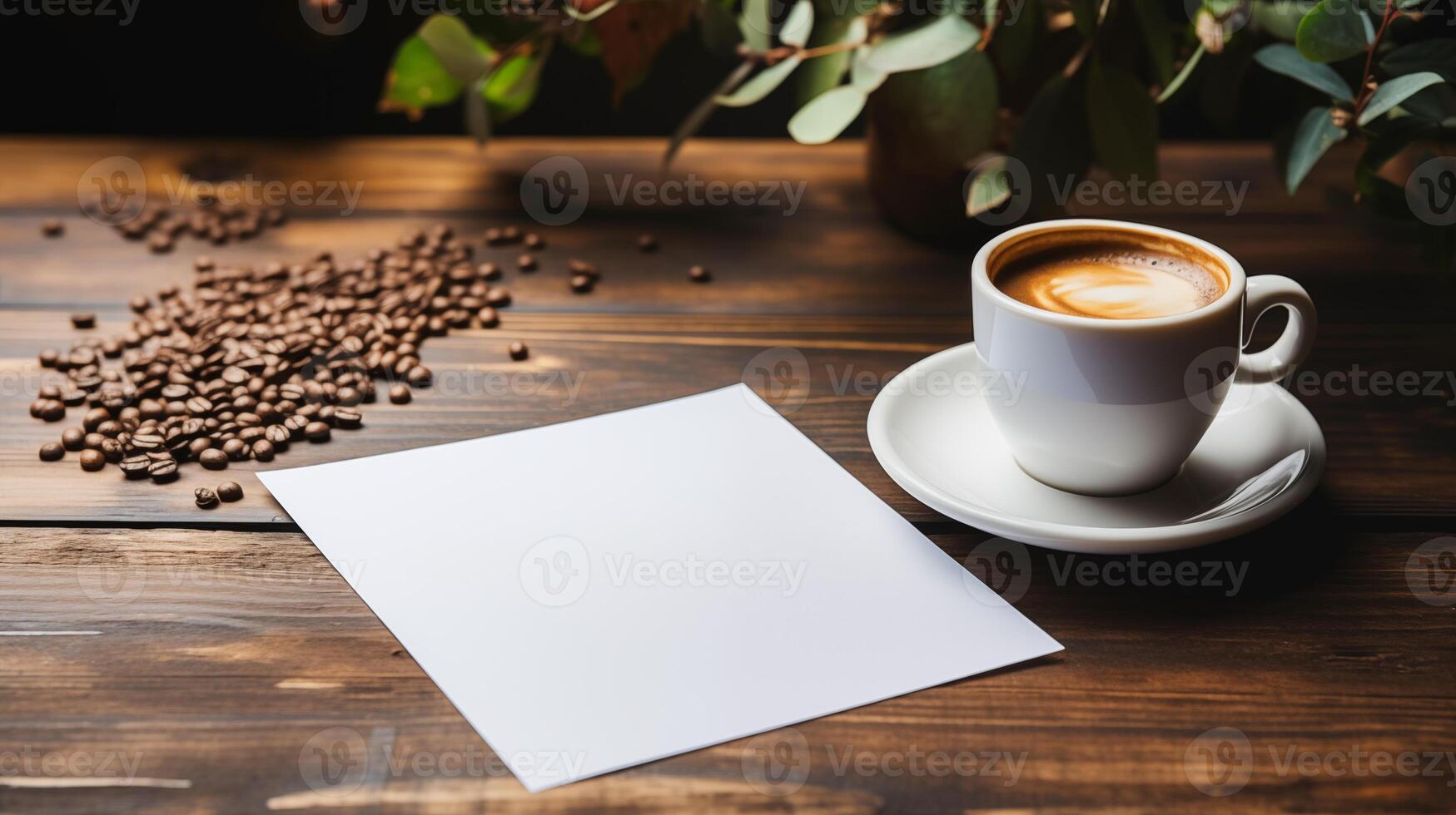 Blank paper mockup with cappuccino cup and scattered coffee beans. Coffeecup coffeebeans on wooden table. Sheet template advertising image. Caffeine break mock up product photorealistic photo