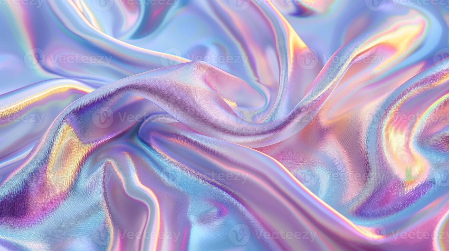 Unique silver iridescent silk fabric sheet closeup image. Hypnotizing glowing satin textile close up photography. Futuristic tailoring material presentation concept photo realistic