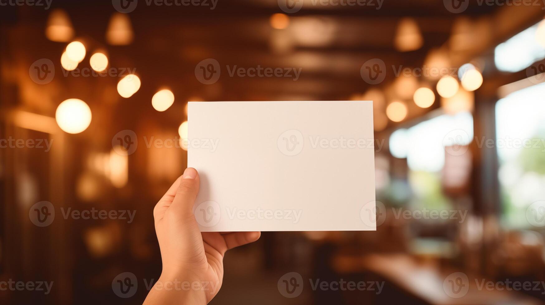 Hand holding blank card mockup with blurred warmly lit cafe. Cozy ambiance. Cafeteria coffeeshop. Event promotion template advertising image. Branding mock up product photorealistic photo