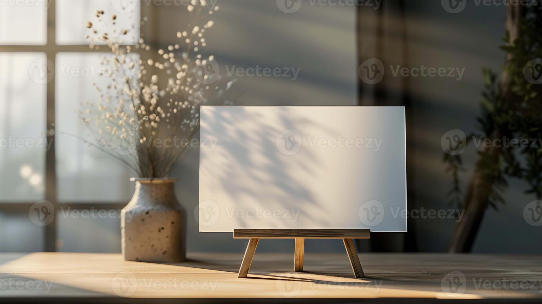 Small picture mockup with easel and flowers on table. Artwork template on wooden stand at bright sunlight advertising image. Drawing mock up in art studio product photorealistic photo