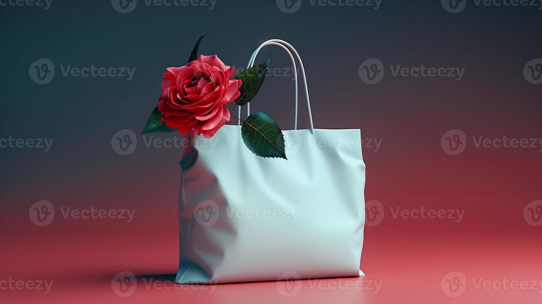 Vivid red rose adorns handle white shopping bag against gradient background. Floral decoration. Modern shoppingbag template advertising image. Valentine day mock up photorealistic photo