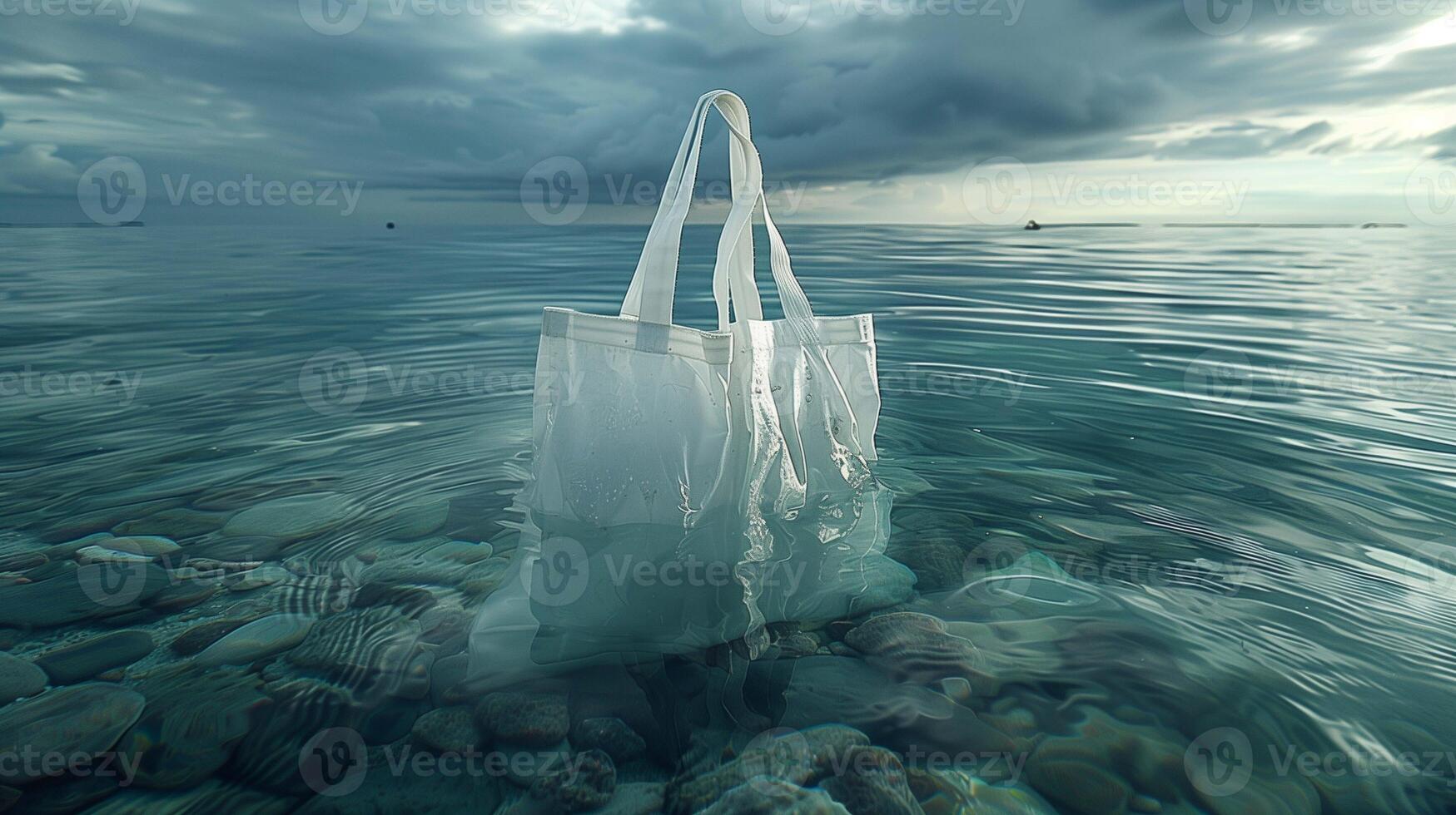 Tote bag mockup stands submerged in ocean waters with smooth stones. Reusable totebag template advertising image. Cloudy sky, still sea. Eco friendly zero waste material mock up product photo