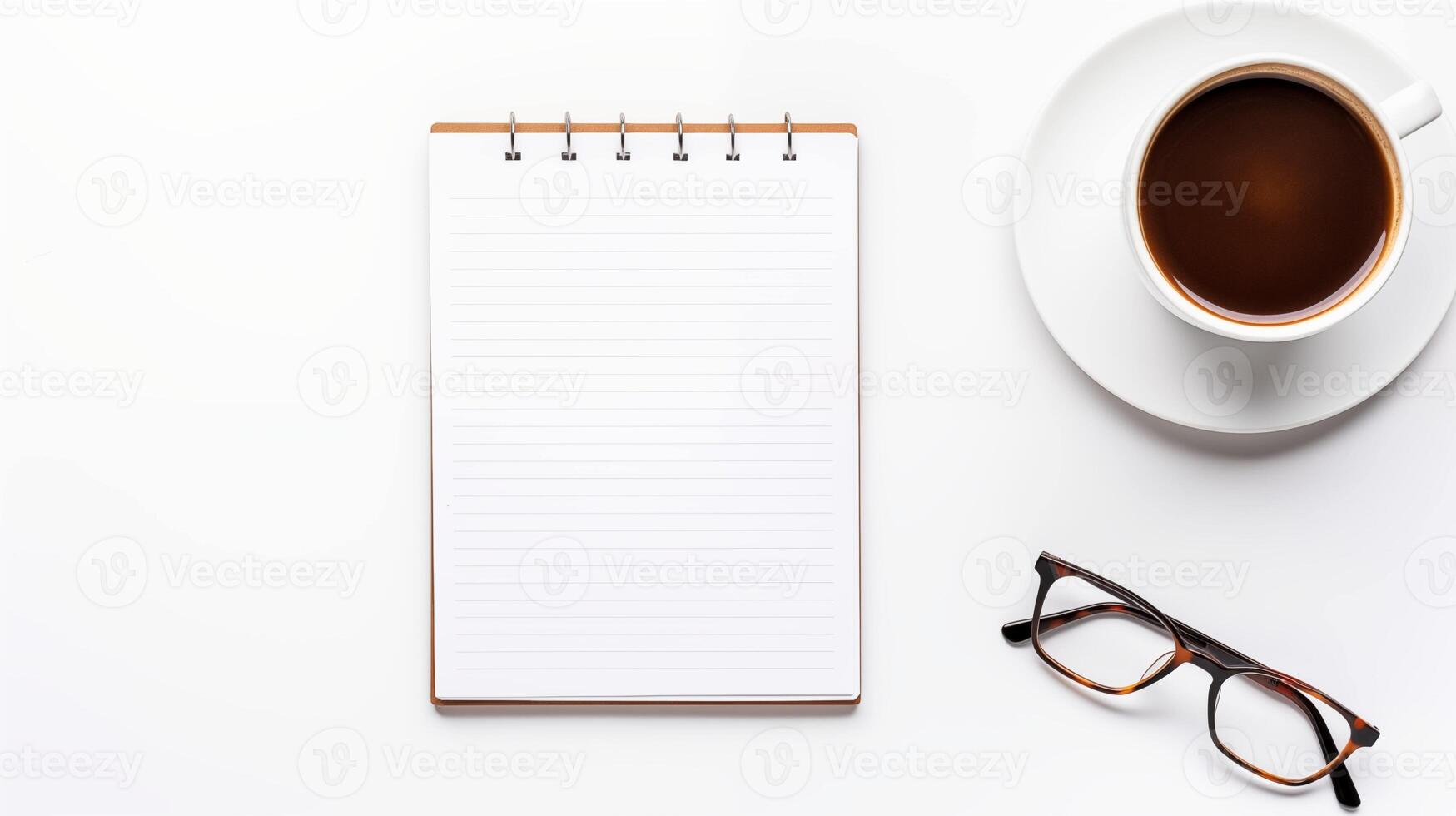 Writing setup with coffee, notepad mockup and glasses on white surface. Eyeglasses office supplies template advertising image. Productivity inspiration mock up product photorealistic photo