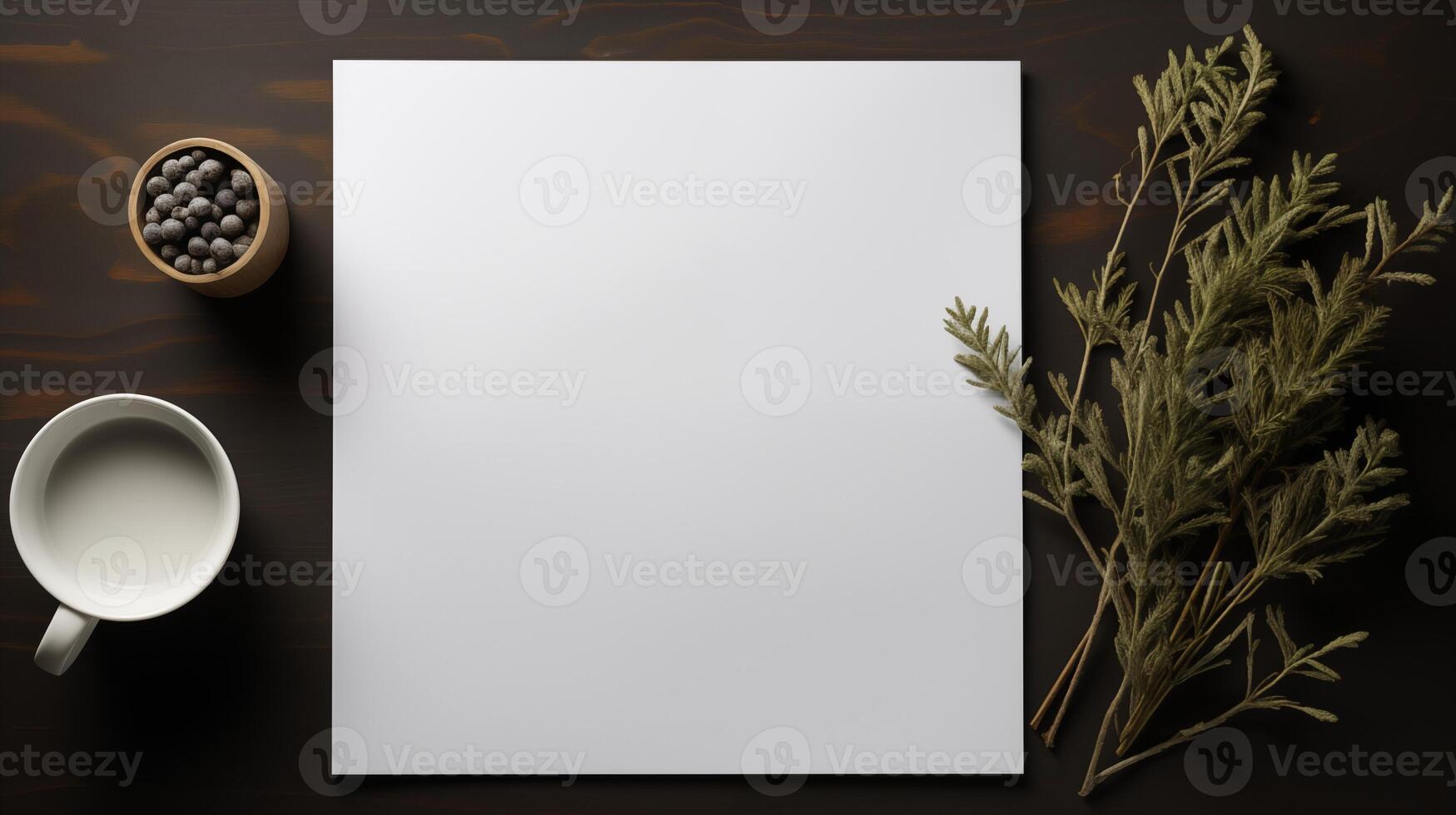 Blank card mockup with empty cup berries green foliage on dark wooden surface. Mug, blueberries wooden bowl pine leaves template advertising image. Natural mock up product photorealistic photo