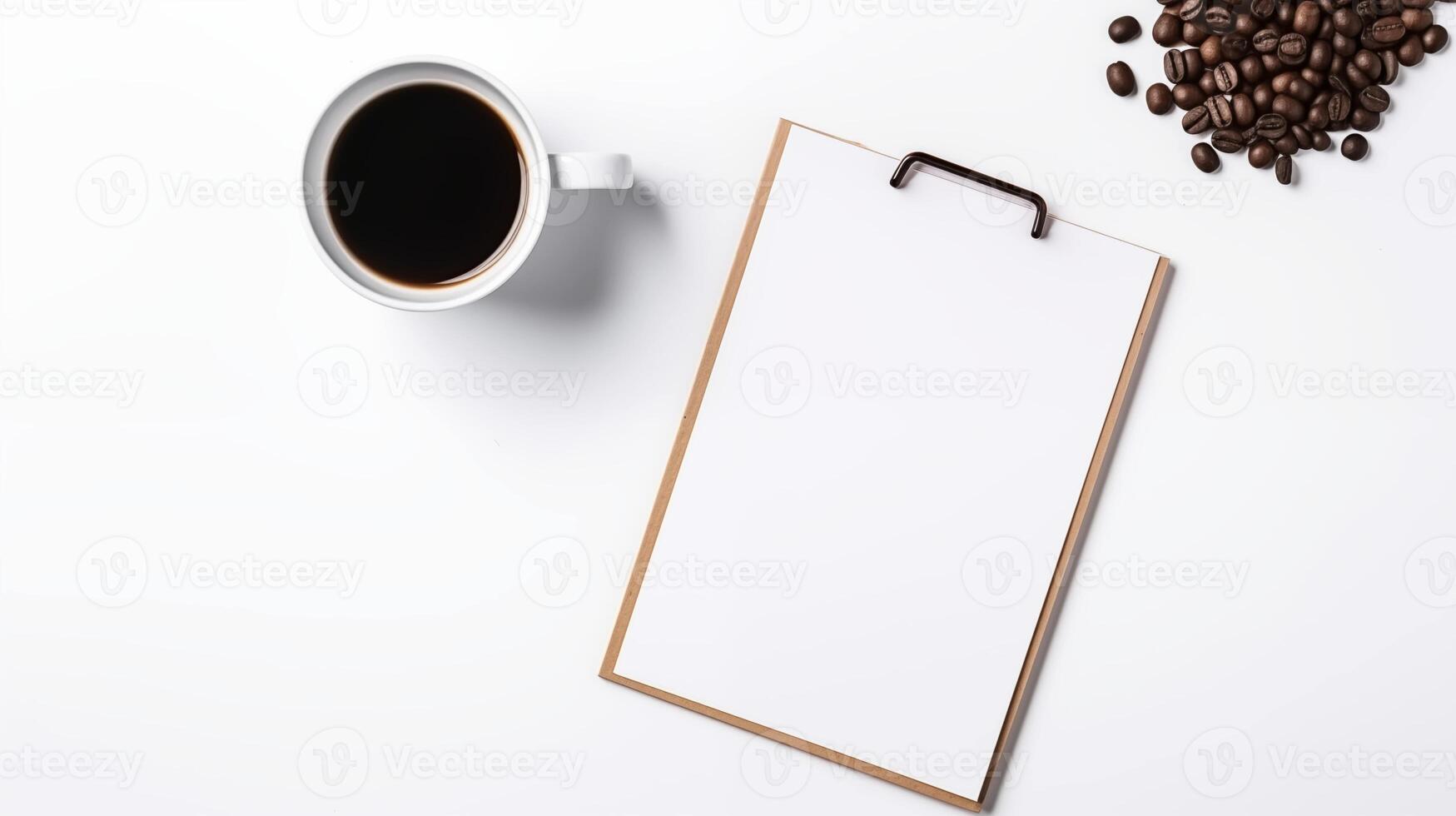 Minimalist workspace with coffee and clipboard mockup on white background. Work essentials template advertising image. Clean and simple flat lay mock up product photorealistic photo