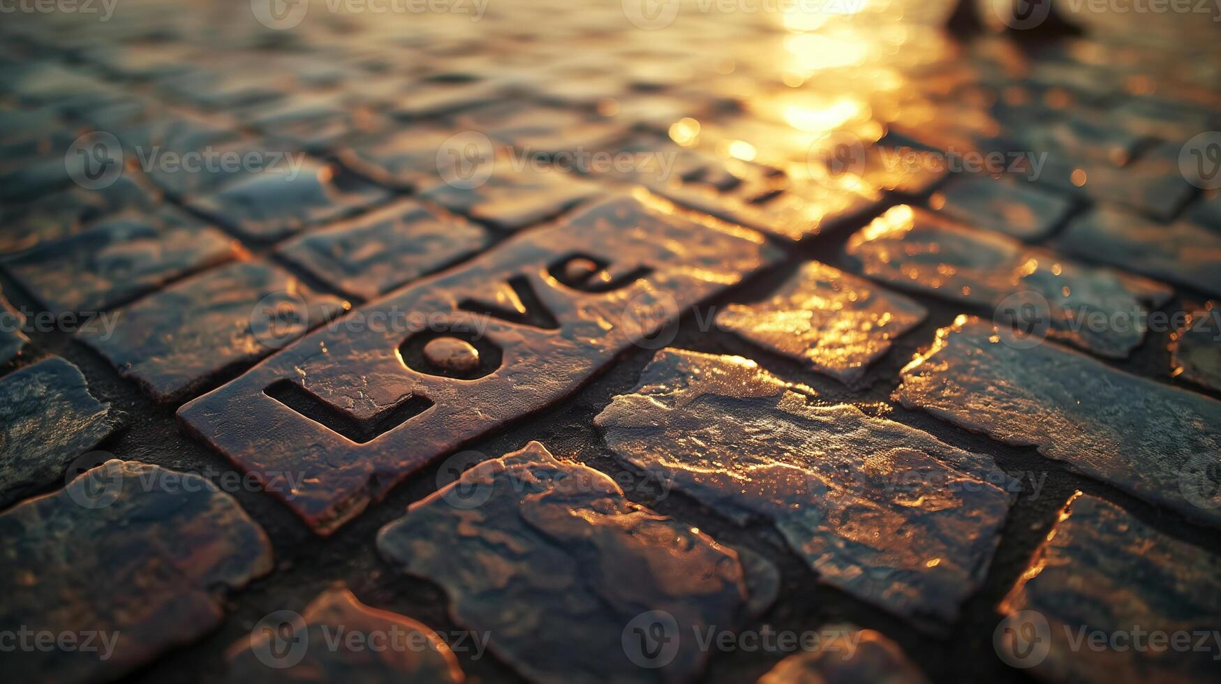 Love engraved on cobblestone pathway in golden hour light closeup image. Warm romantic glow love inscription close up photography. Commitment affection concept photo realistic