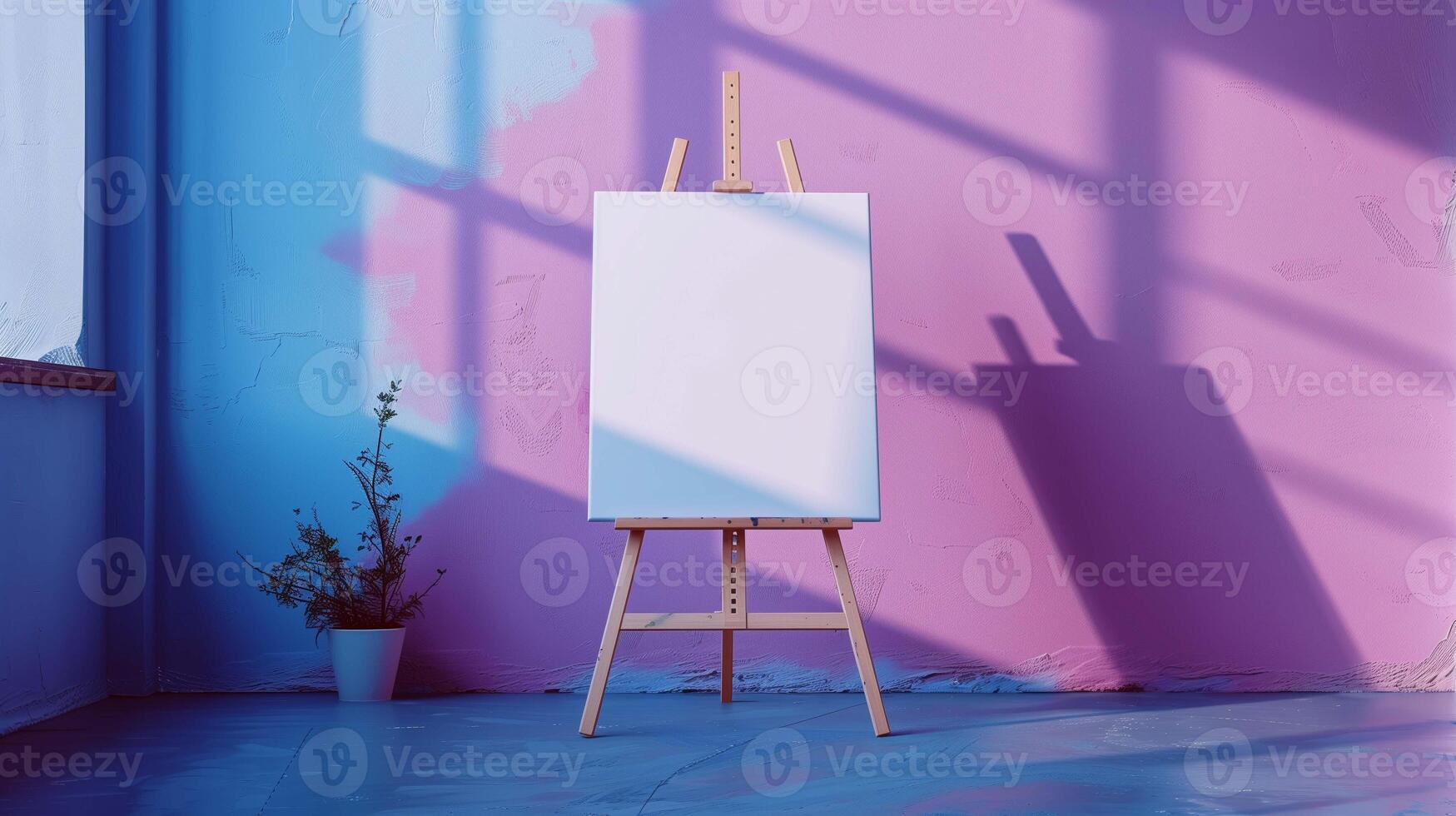 Easel with picture mockup casting shadow onto purple wall. Artist studio interior with drawing template advertising image. Painting mock up in workshop product photorealistic photo