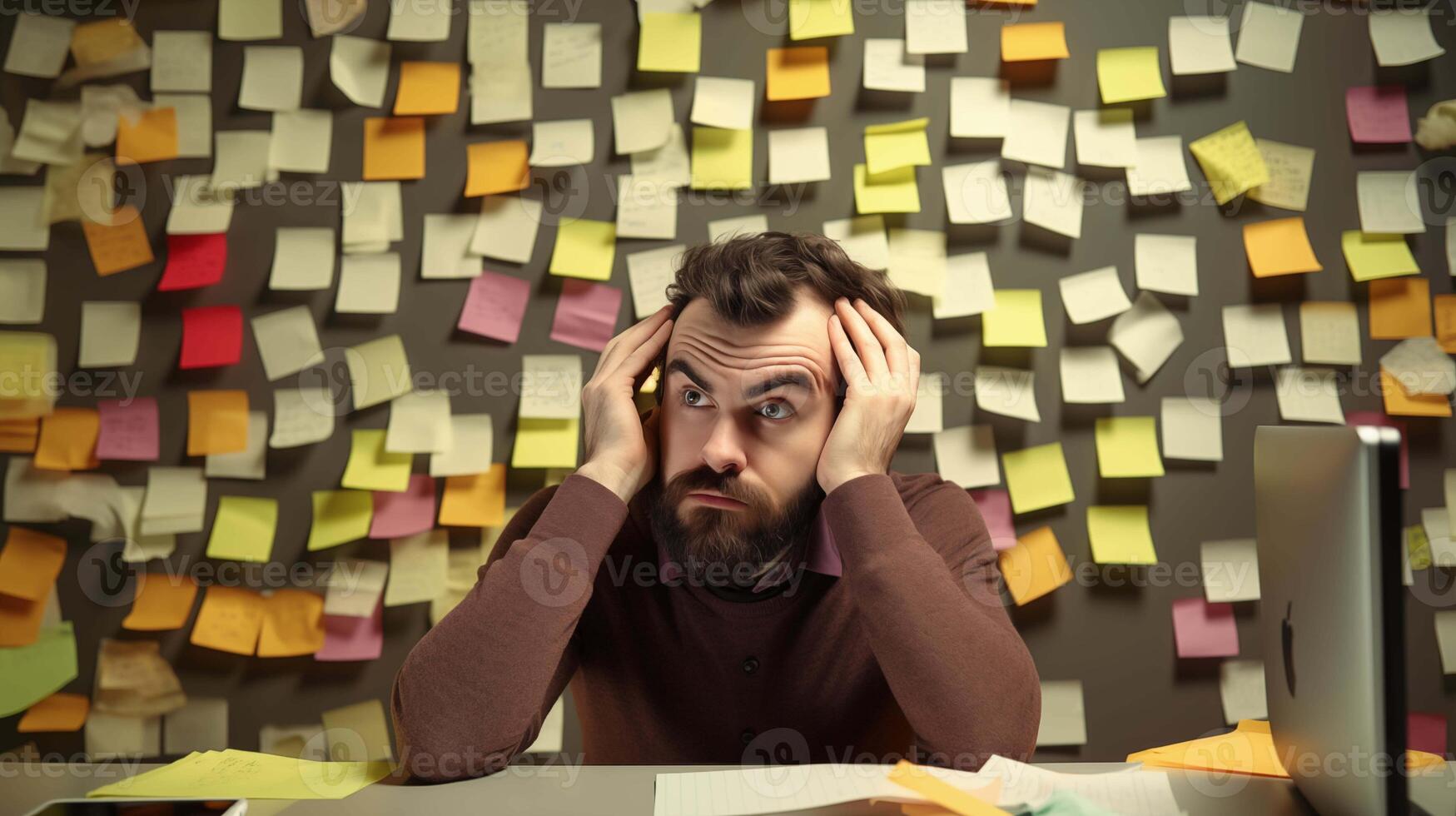 Entrepreneur man frustrated with endless to-do list image. Office worker head in hands, wall in sticky notes photography. Challenge of balancing tasks concept photorealistic photo
