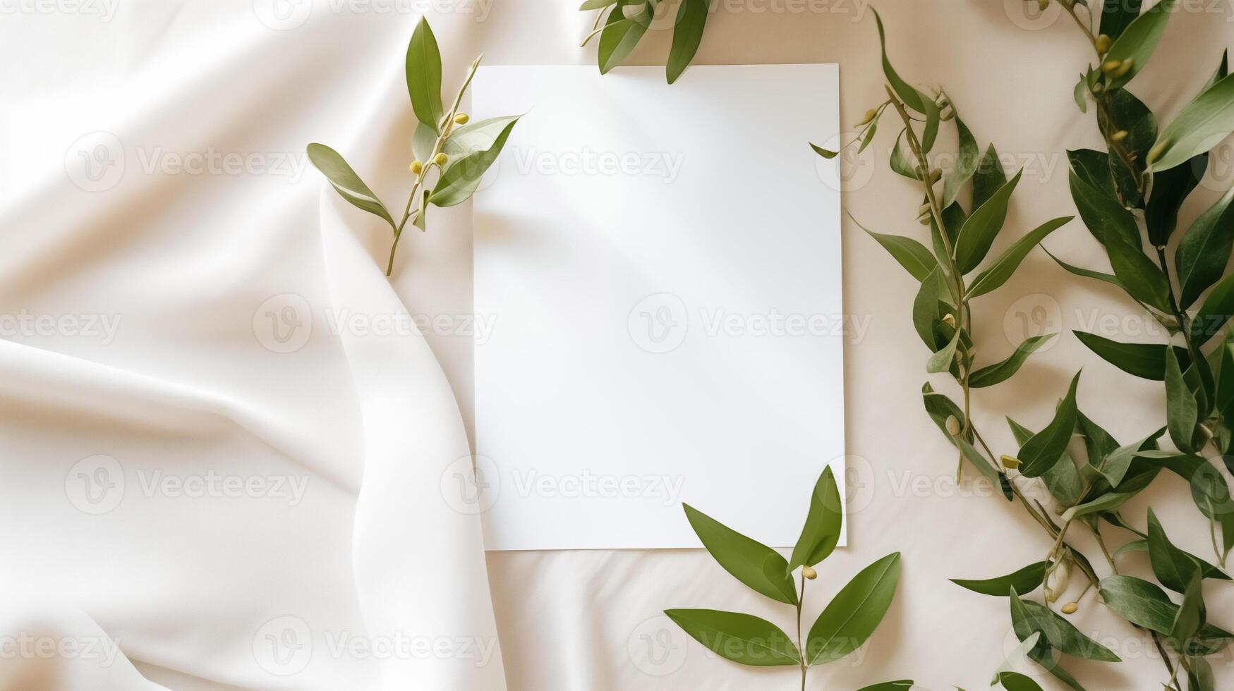 Blank white sheet of paper on beige fabric framed by vibrant green leaves. Natural-themed design template advertising image. Eco-friendly invitation mock up product photorealistic photo