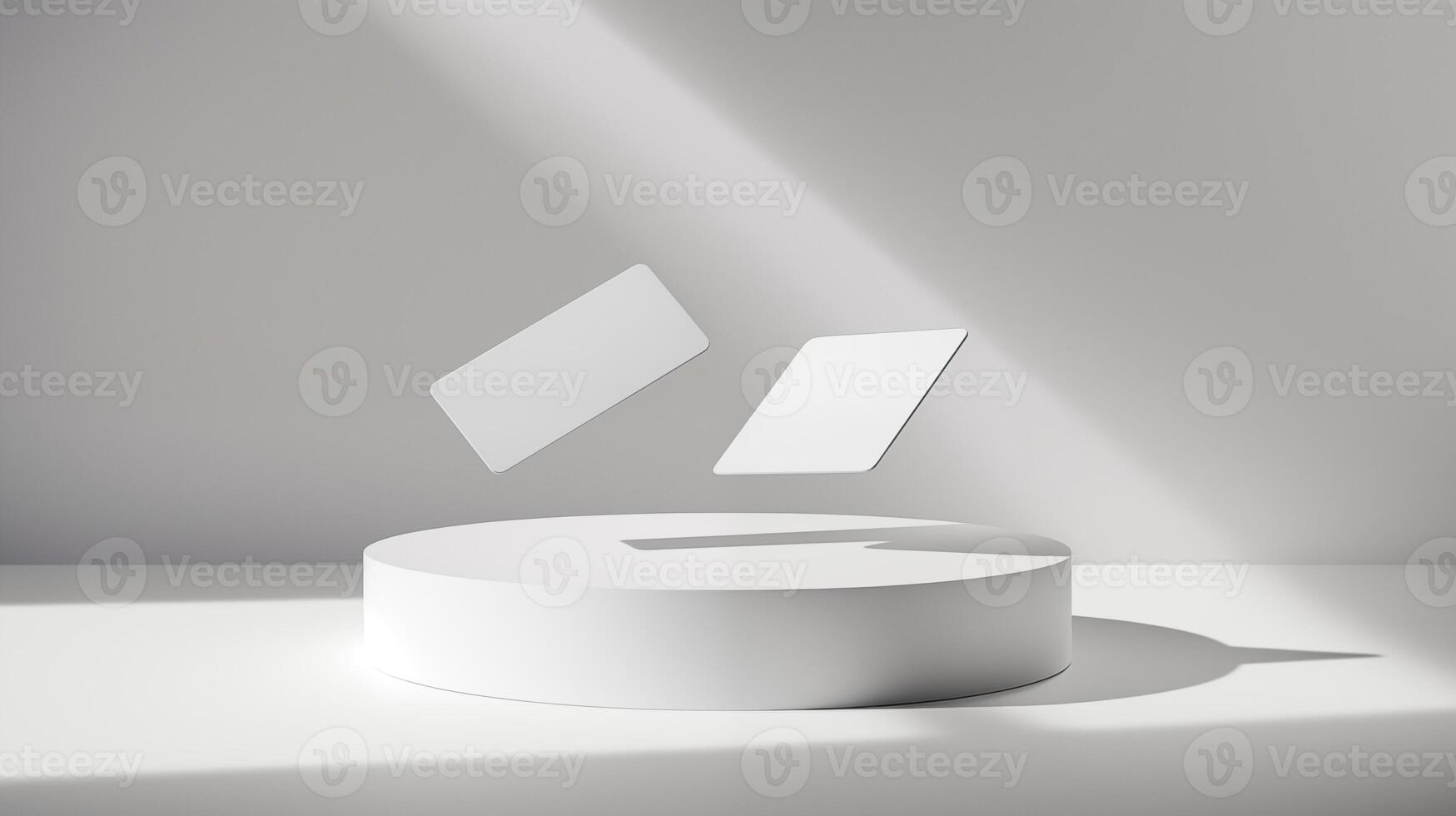 Two white cards floating above circular platform illuminated by soft light. Modern minimalist businesscards template advertising image. Clean elegance mock up product photorealistic photo