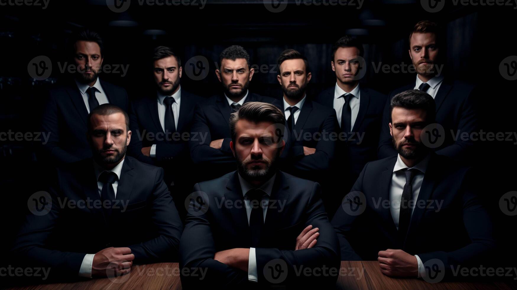 Group of serious businessmen in dark room image. Diverse men in suits sit and stand with crossed arms photography scene wallpaper. Authority and seriousness concept photorealistic photo