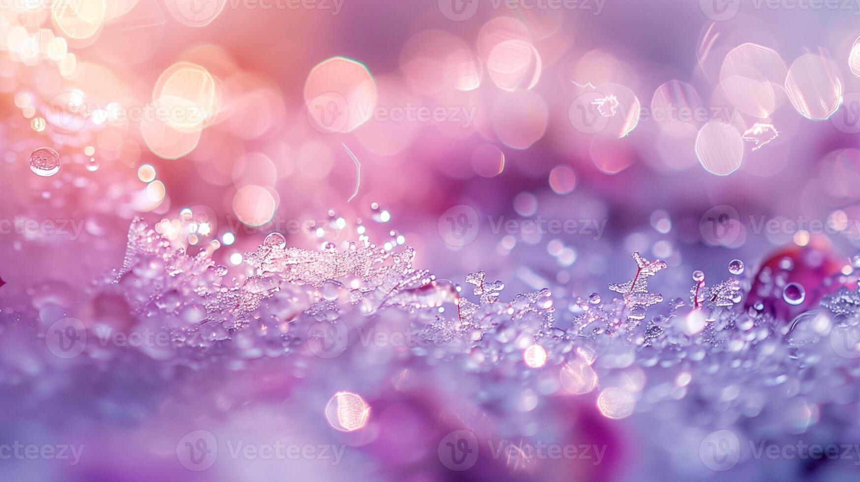 Shimmering water drops on snowflakes at morning sunlight closeup image. Small dew droplet on ice close up photography. Winter nature tranquil scene concept photo realistic