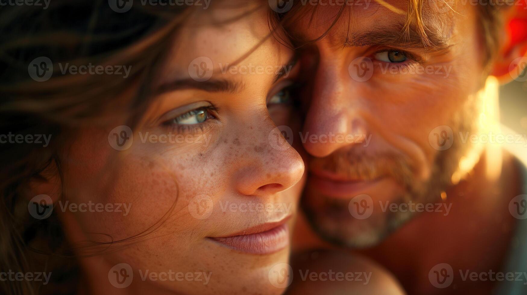 Mature couple smiling in warm sunset light closeup image. Golden hour glow on relaxed expressions spouses close up photography. Candid intimacy. Romantic mood concept photo realistic