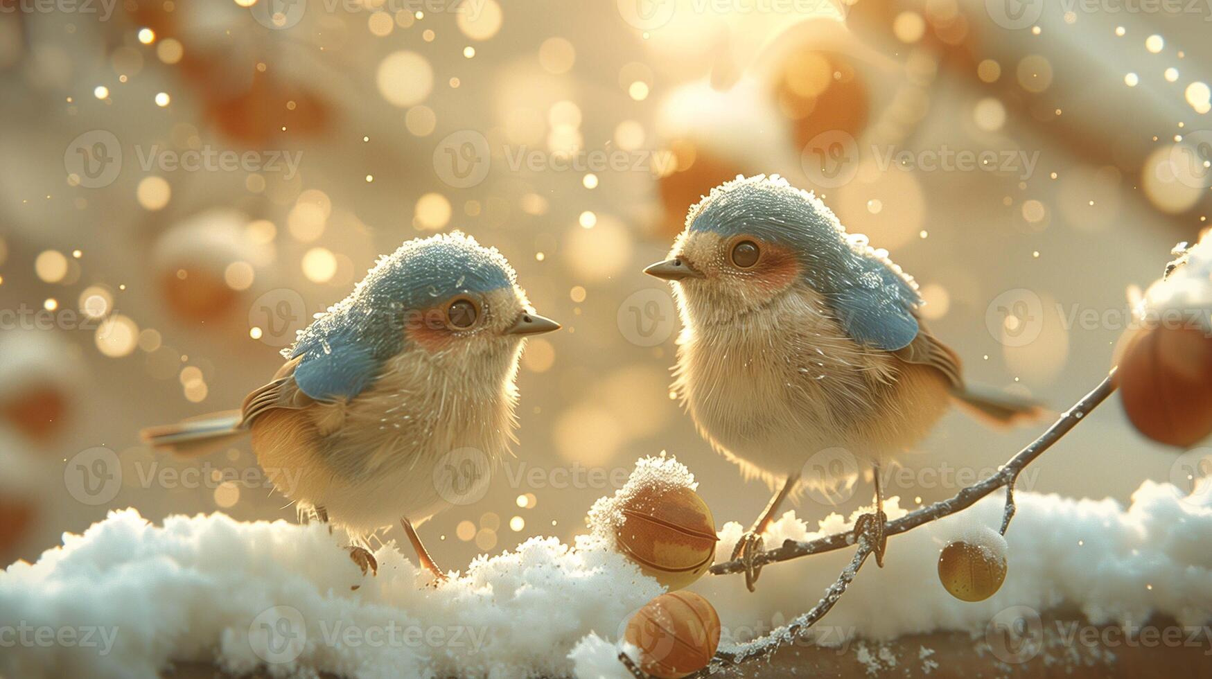 Cute little titmice sitting on snowy tree branch image. Avian animals in winter garden photography scene wallpaper. Wild nature habitats watching concept photorealistic photo