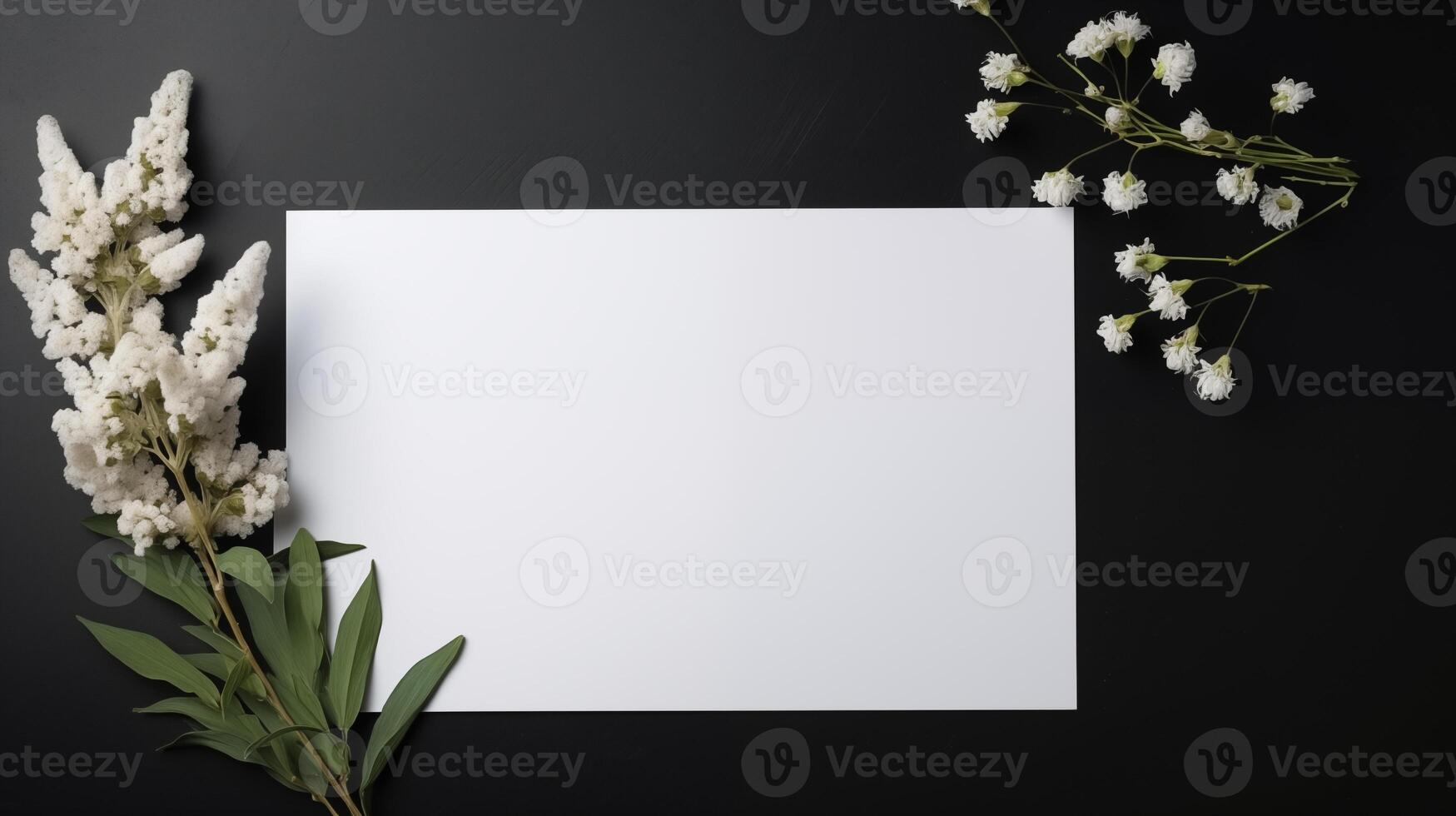 White paper sheet on dark background bordered by delicate white flowers. Minimalistic botanical theme template advertising image. Clean blossom floral mock up product photorealistic photo