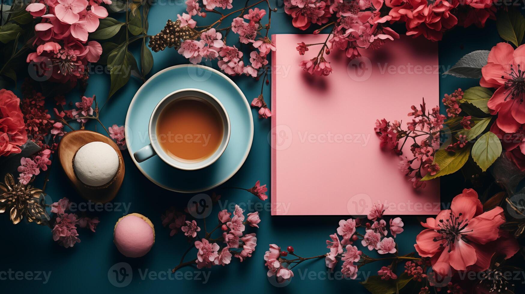 Cup of tea and cupcakes with floral arrangement blank pink card mockup. Vibrant flowers, turquoise saucer. Spring theme template advertising image. Personalized message mock up photo