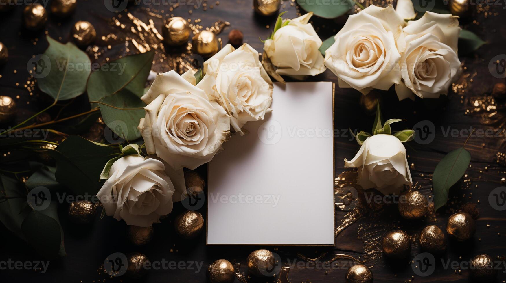 White roses and golden accents with blank card mockup. Upscale event invitation template advertising image. Special celebration. Luxurious holiday card mock up product photorealistic photo