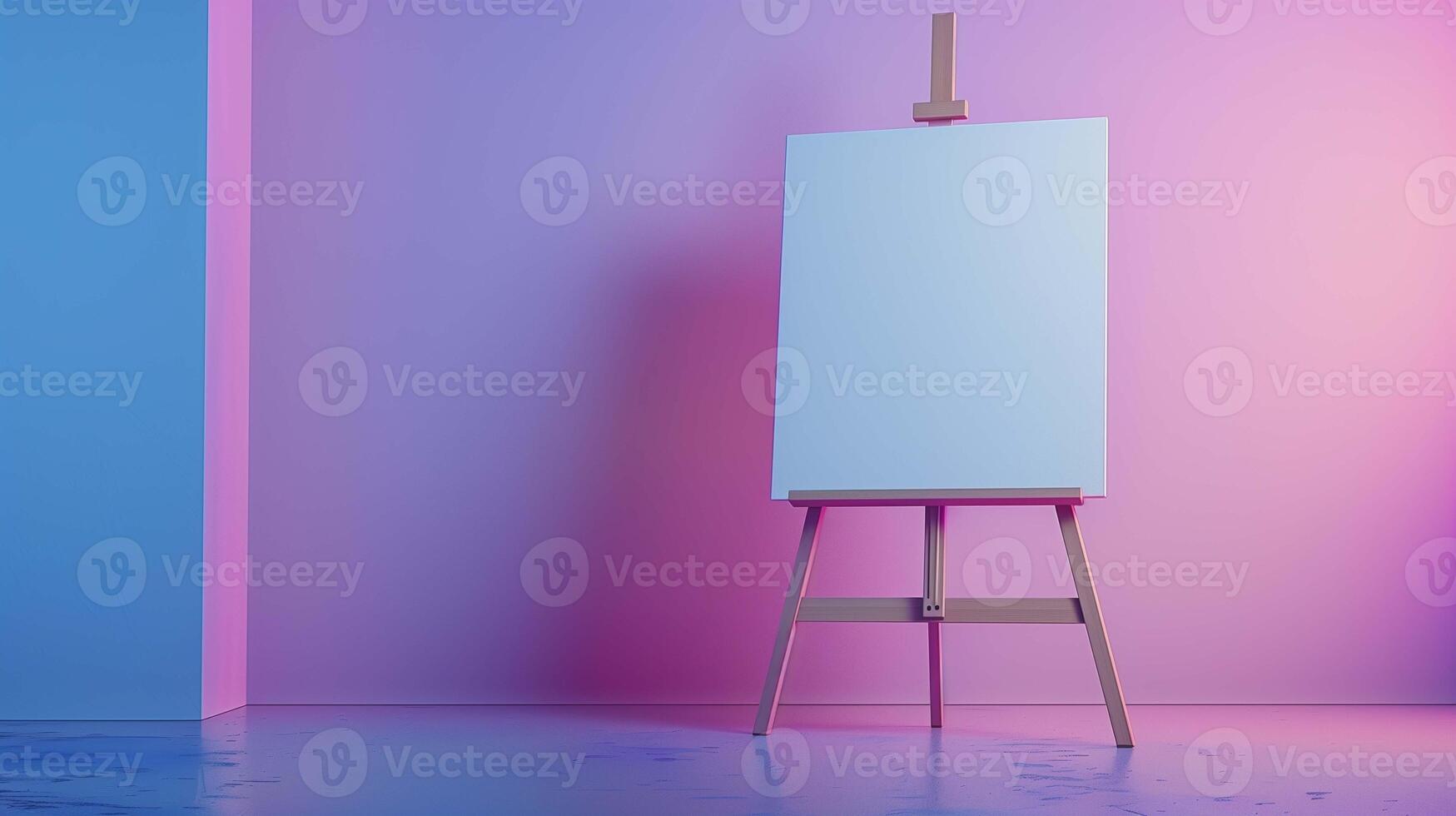 Wooden tripod easel with painting mockup in workshop. Drawing template on stand in empty art studio advertising image. Painting mock up near purple wall product photorealistic photo