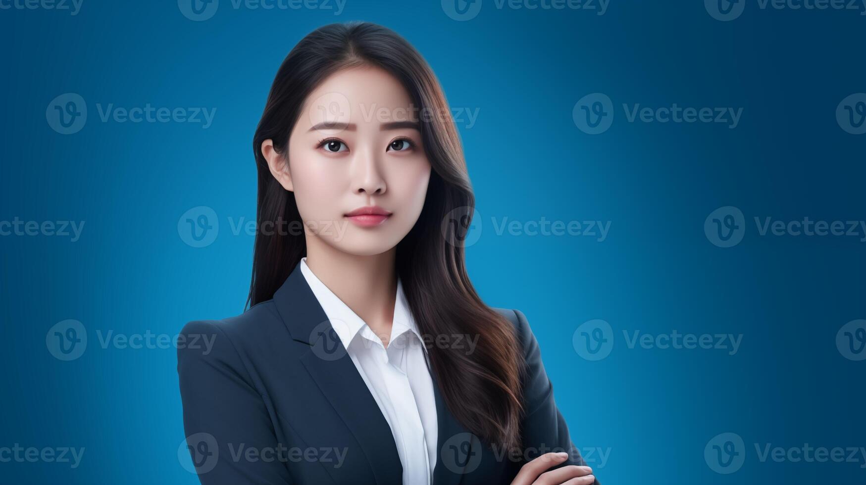 Confident asian businesswoman with arms crossed portrait image. Poised japanese business woman gazing forward photography studio shot. Empowerment professionalism concept photo realistic