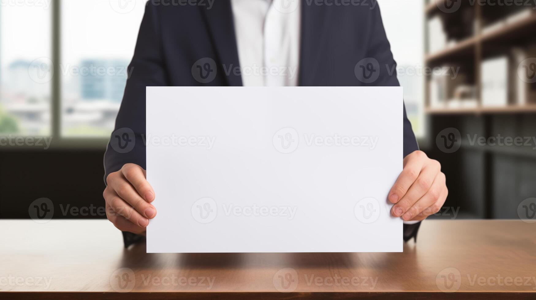 Businessman holding blank white paper mockup at desk. Man in suit in office environment. Empty sheet template advertising image. Business presentation mock up product photorealistic photo