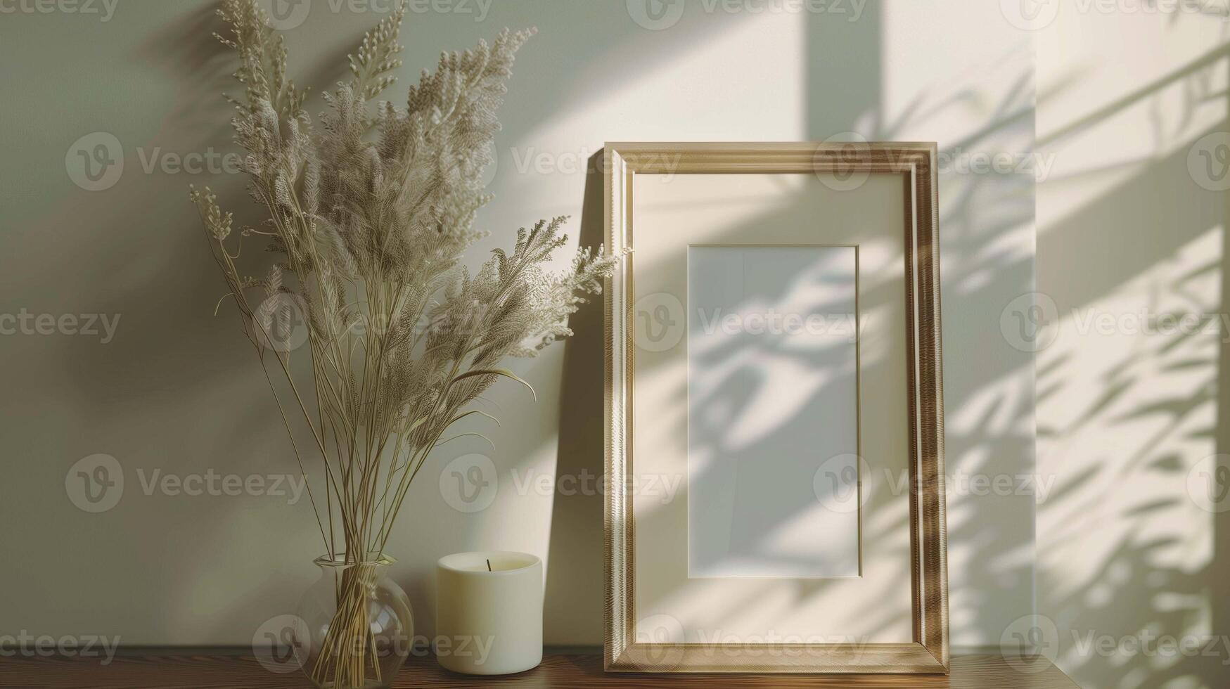 Drawing mockup with dried bouquet in shadow and sunlight. Photo template in minimalist home interior advertising image. Drawing mock up autumn decor product photorealistic