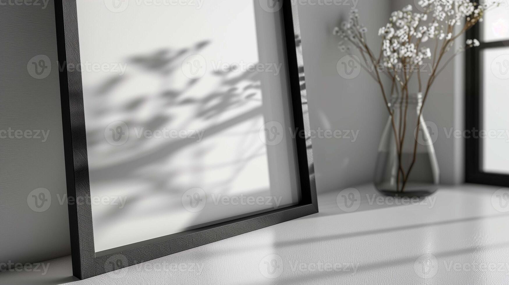 Photography mockup with black frame and small flowers. Picture template with shadow ornament and bouquet on table advertising image. Artwork mock up product photorealistic photo