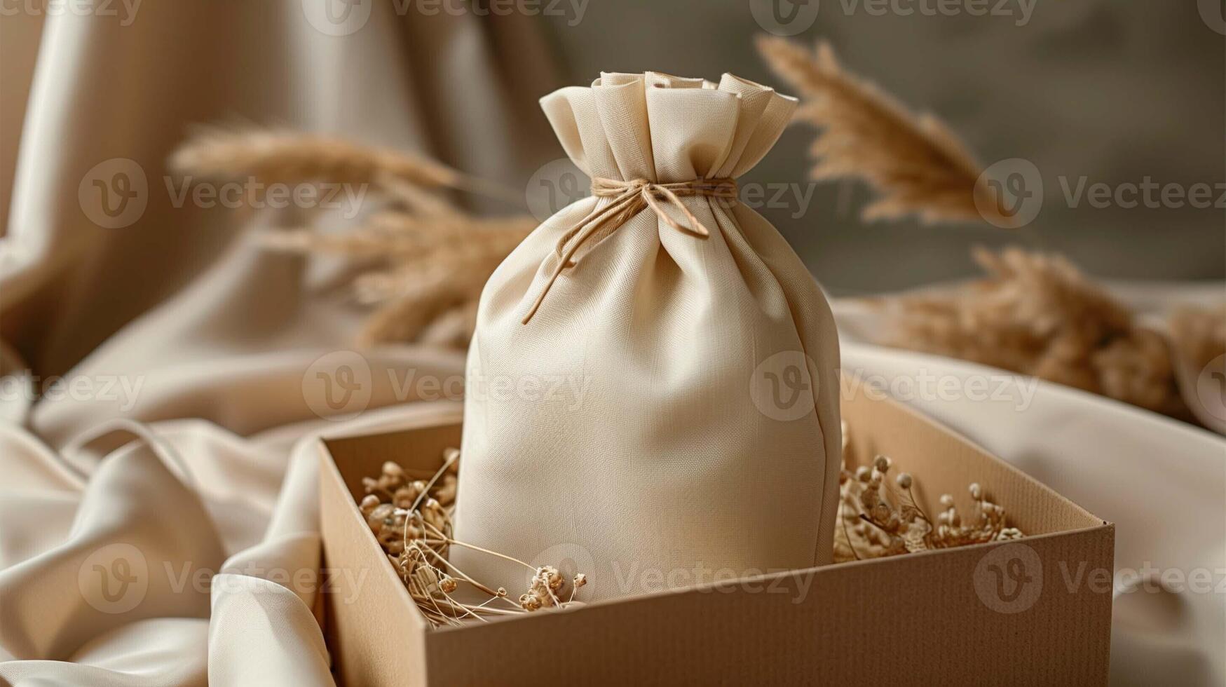 Beige drawstring bag mockup with dried floral accents. Elegantly tied with twine linen sack kraft box template advertising image. Sustainable packaging mock up product photorealistic photo