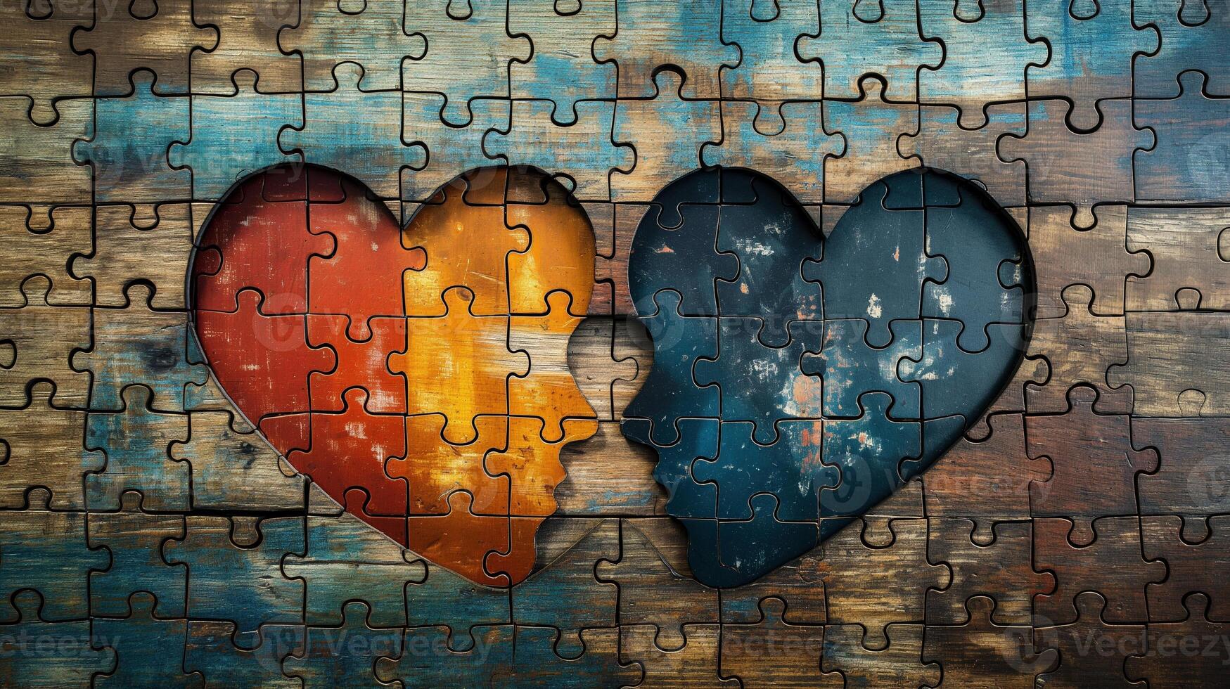 Puzzle hearts with two faces on weathered wooden surface image. Connection between two individuals photography scene wallpaper. Complexities of relationships concept photorealistic photo