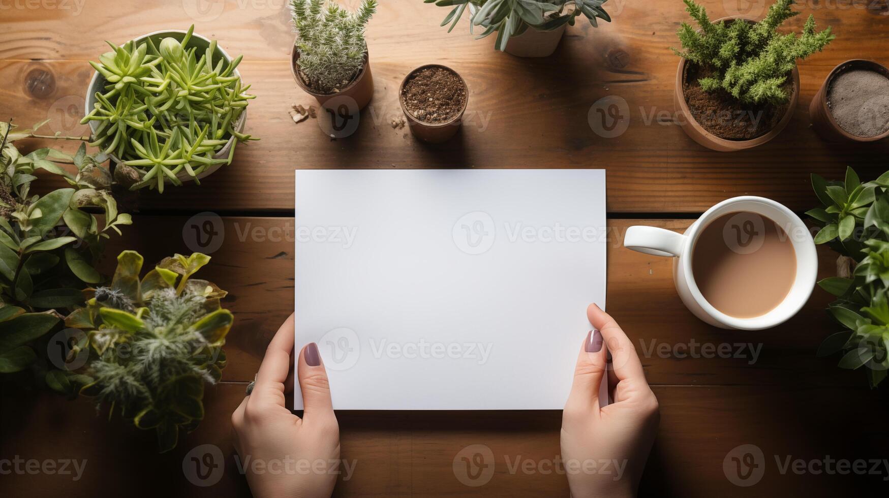 Female hands holding blank card mockup with green plants and coffee. Flowerpots, coffeecup white postcard template advertising image. Calming creative mock up product photorealistic photo