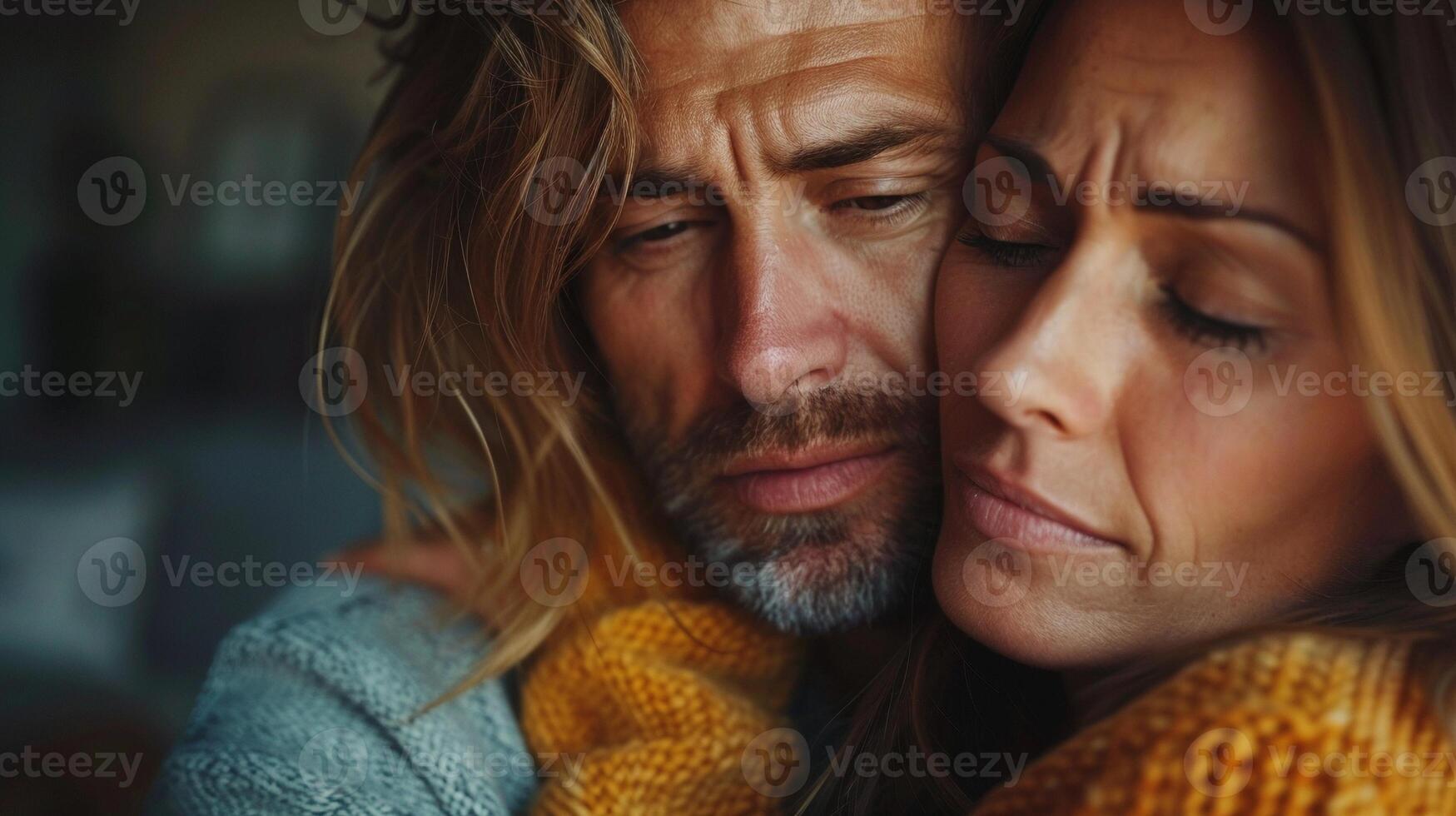 Comforting hug between couple in emotional moment closeup image. Spouses resting heads against each other in quiet support close up photography. Deep feelings concept photo realistic
