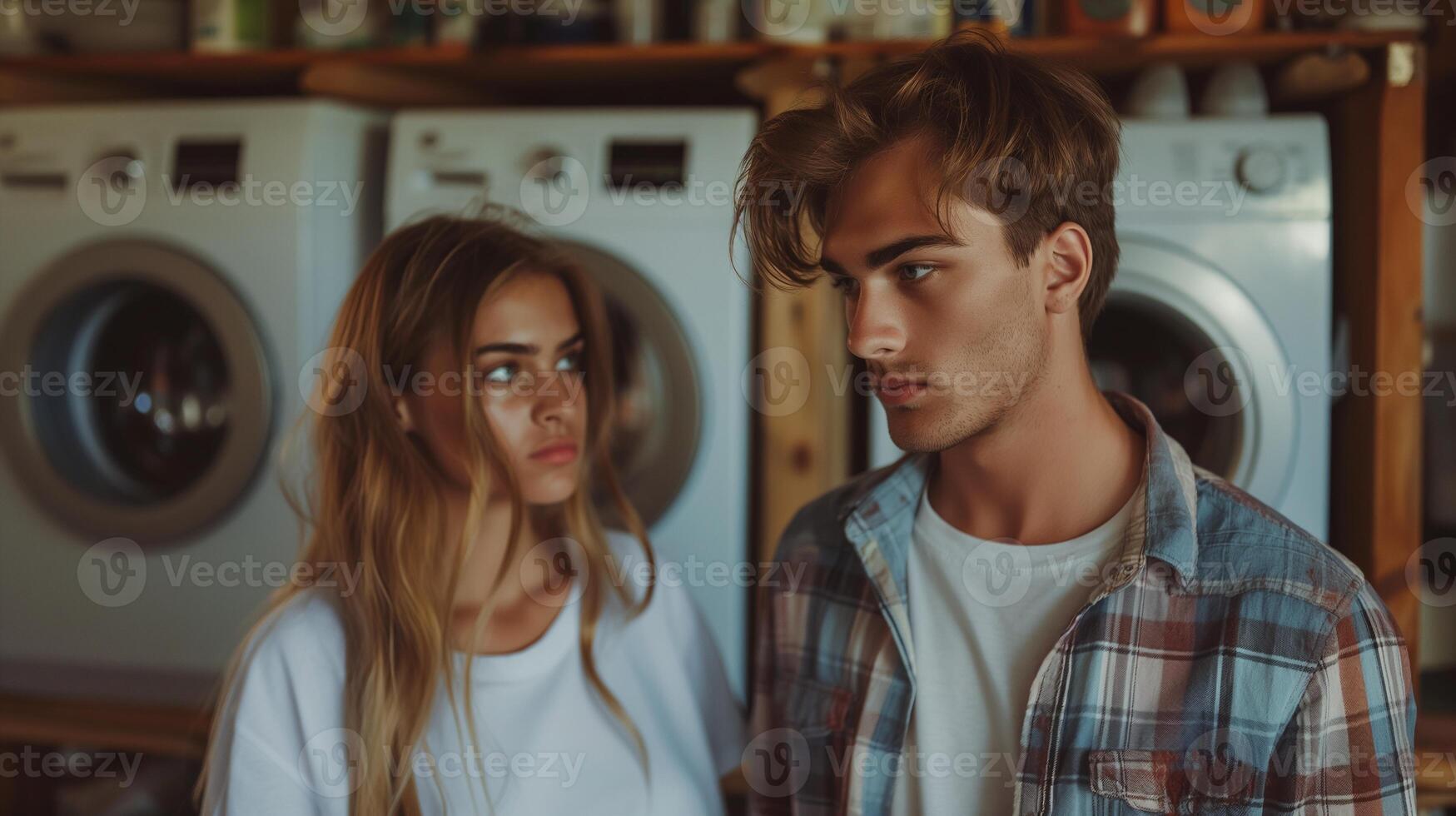 Tense expressions young couple stands in laundry room image. Girlfriend boyfriend laundromat photography scene wallpaper. Moment of disagreement conflict concept photorealistic photo
