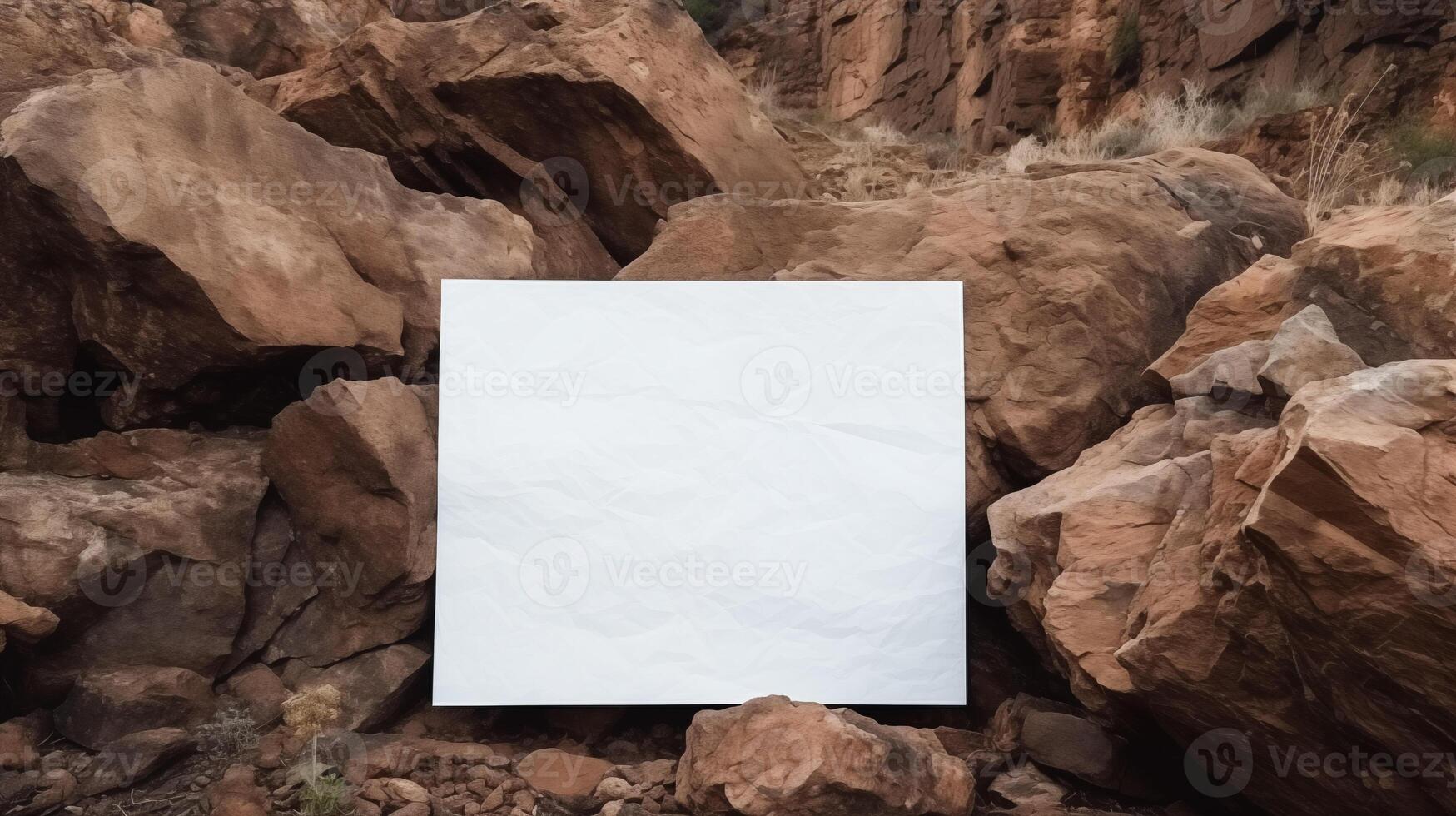 Blank card mockup surrounded by large red rocks in desert environment. Bold reddish hues of boulders template advertising image. Warm rustic outdoor mock up product photorealistic photo