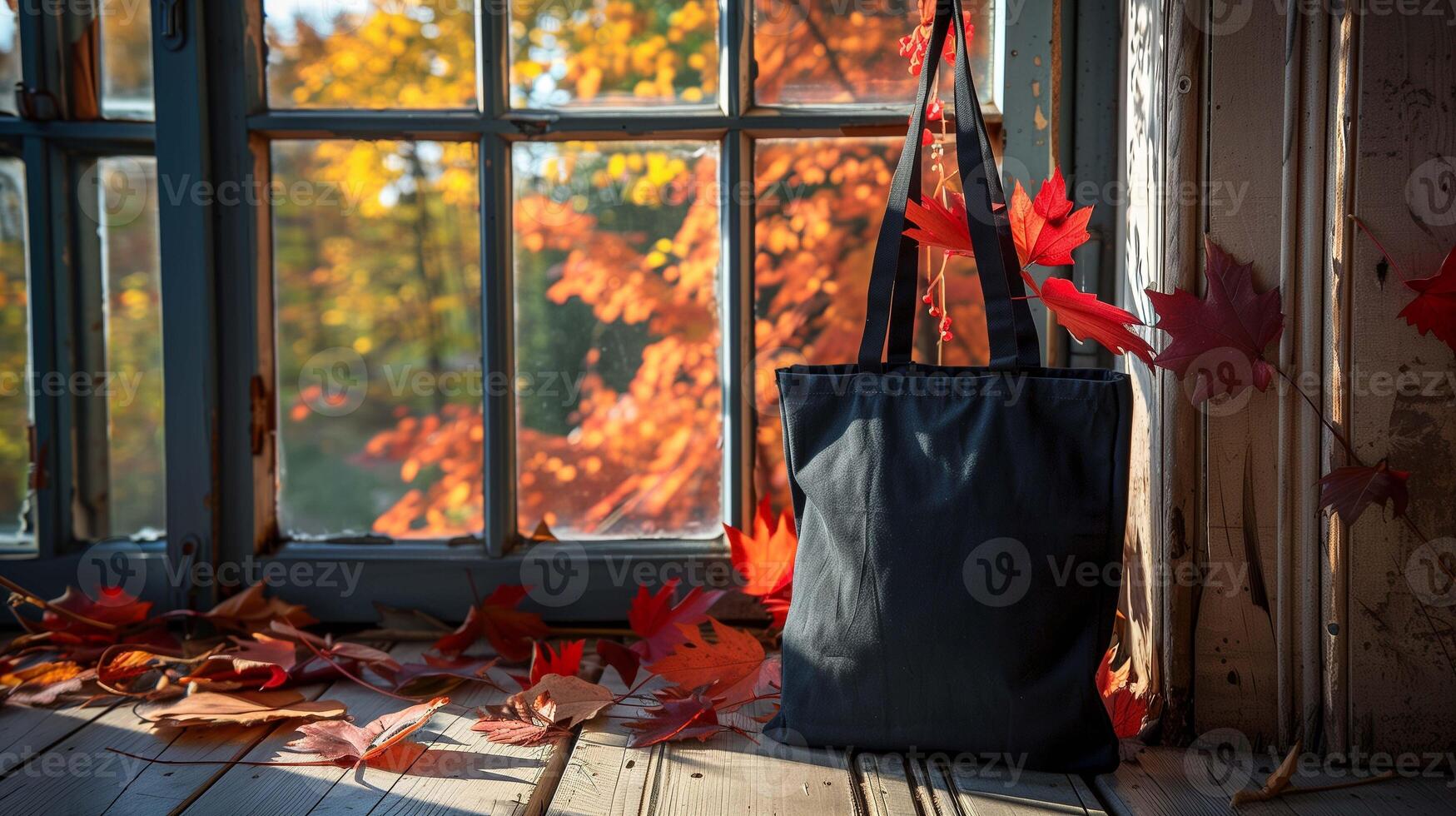 Black tote bag mockup with autumn maple leaves by sunlit window. Vibrant red and orange foliage totebag template advertising image. Warm sunlight shopper mock up product photorealistic photo