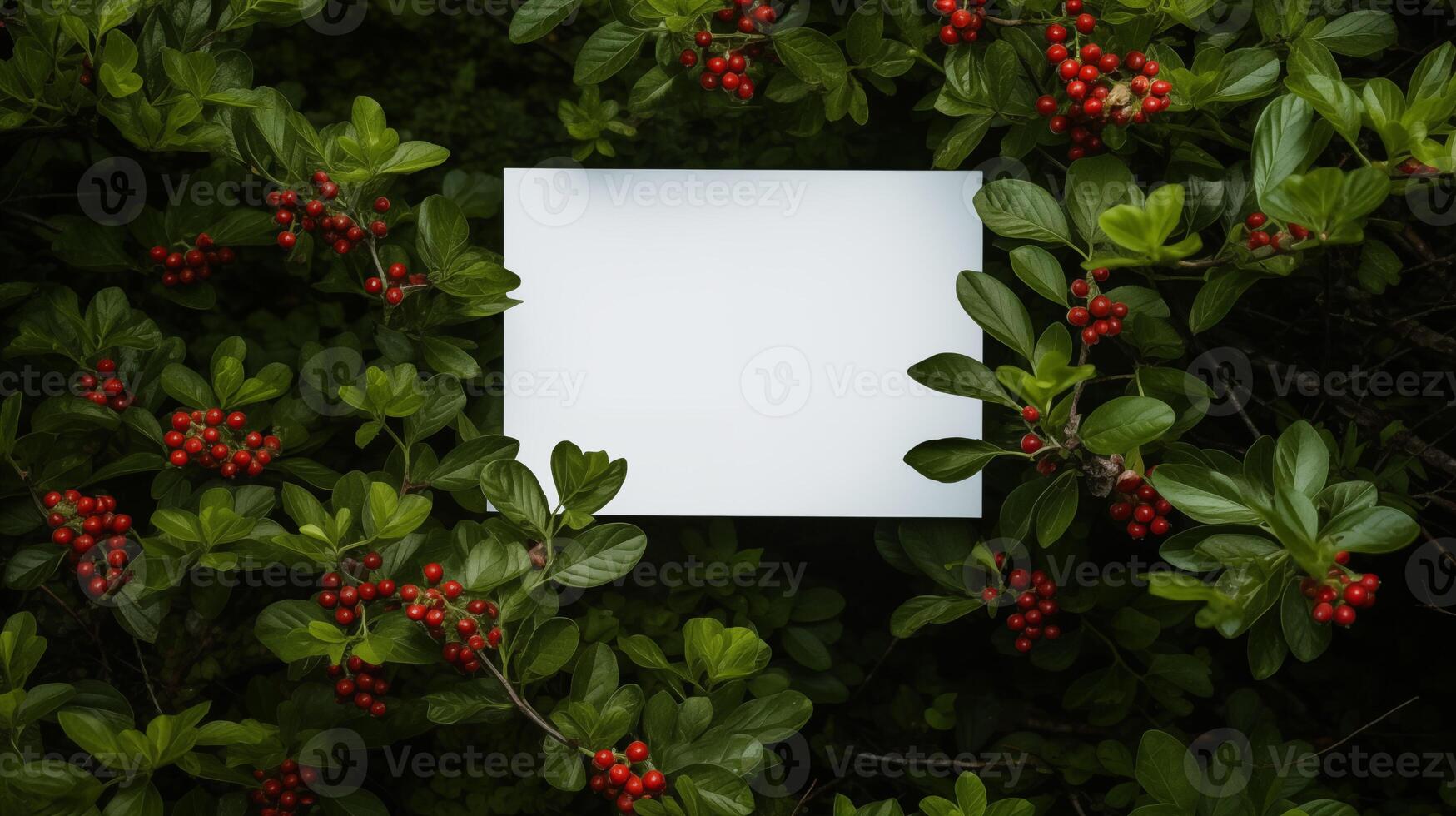 Blank card mockup framed by berry-laden branches and rich green leaves. Vibrant red berries natural foliage template advertising image. Refreshing inviting mock up product photorealistic photo