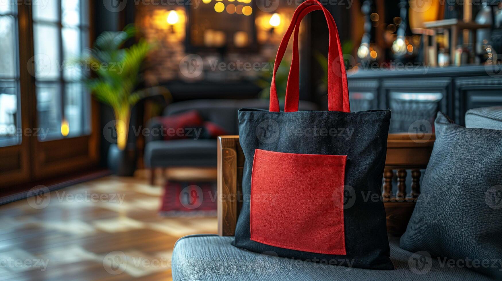Black tote bag mockup with red pocket in warmly lit living room. Contemporary look. Red handles totebag template advertising image. Casual accessory shopper mock up photorealistic photo