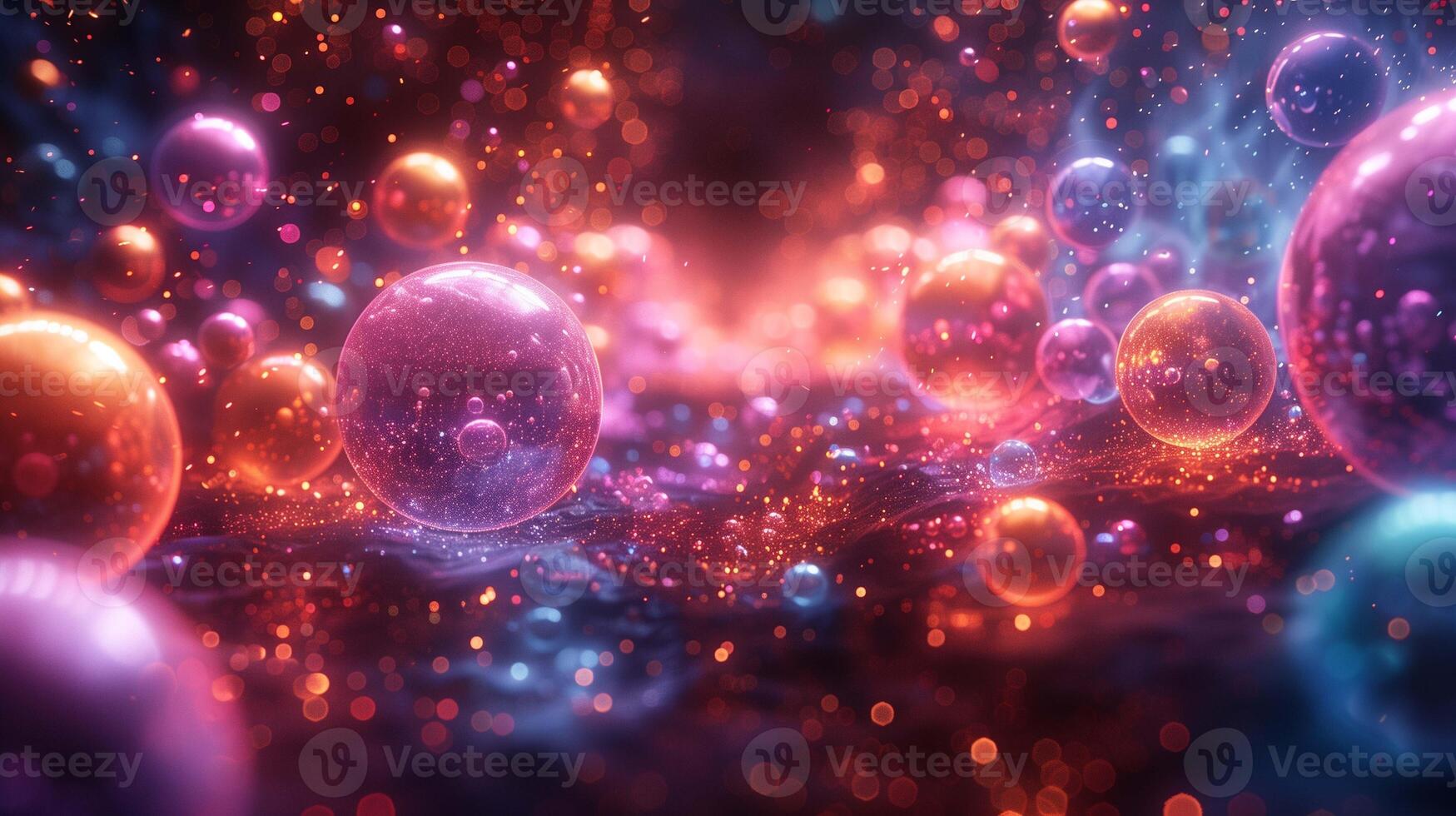 Glowing spheres symbolizing planets in cosmos 3d rendering image. Fantastic galaxy full of shimmer background wallpaper colorful realistic. Dreamlike fantasy scene concept idea photo