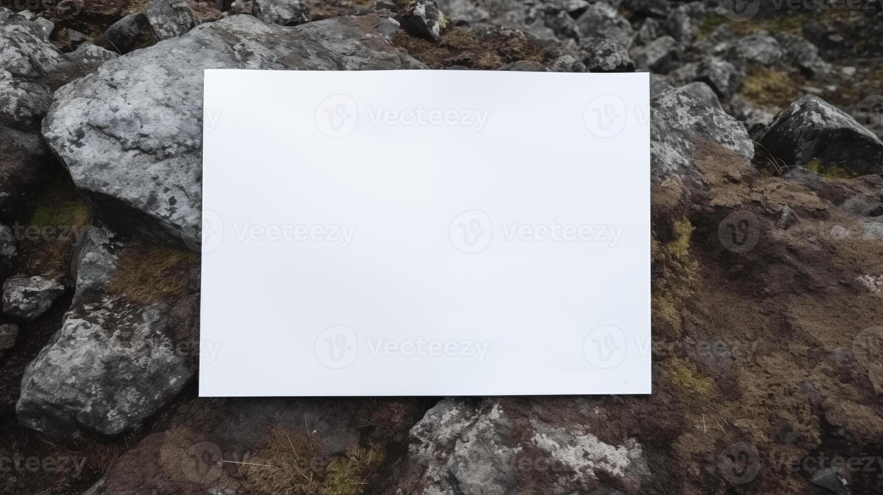 Blank white card mockup placed on uneven rocky ground with gray stones. Natural rugged environment paper template advertising image. Wilderness rocks mock up product photorealistic photo
