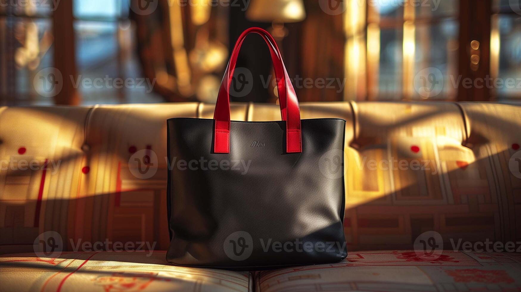 Black leather tote bag mockup with bold red straps on vintage patterned sofa. Illuminated by warm sunlight totebag template advertising image. Classic retro shopper mock up product photo