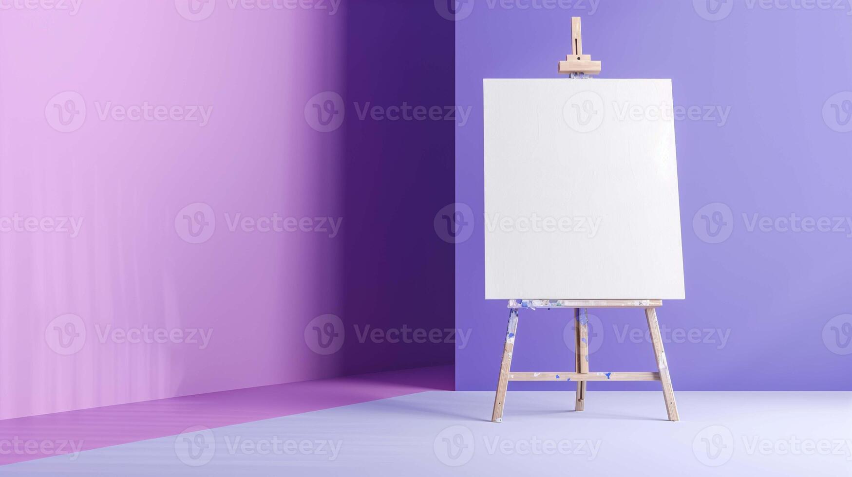Artist canvas mockup on wooden easel in purple room. Creative hobby supplies with artwork template in studio advertising image. Painter masterpiece mock up product photorealistic photo