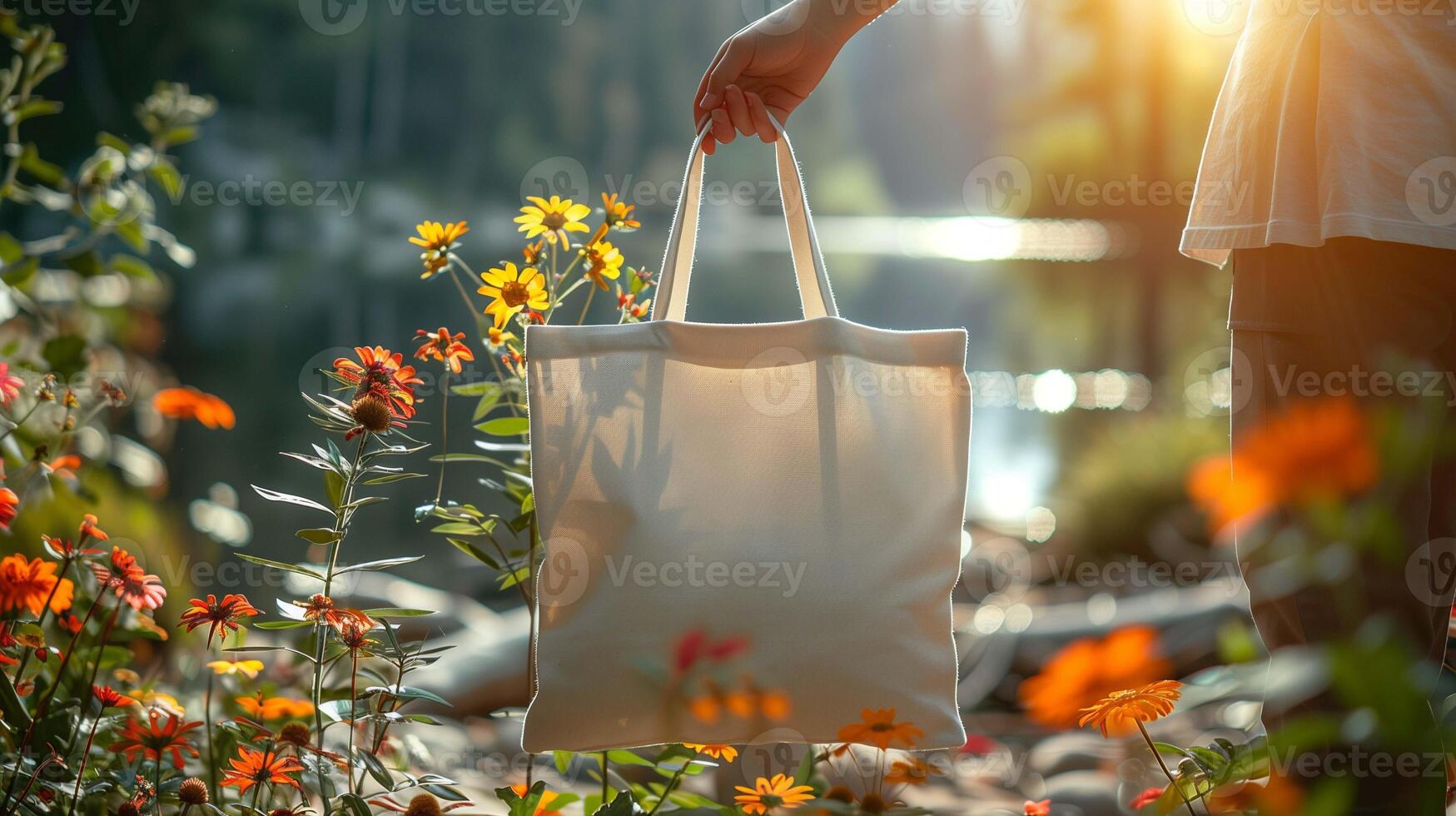 Hand holds eco-friendly tote bag mockup in sunlit garden. Vibrant wildflowers totebag template advertising image. Sustainable fashion choice. Accessory mock up product photorealistic photo