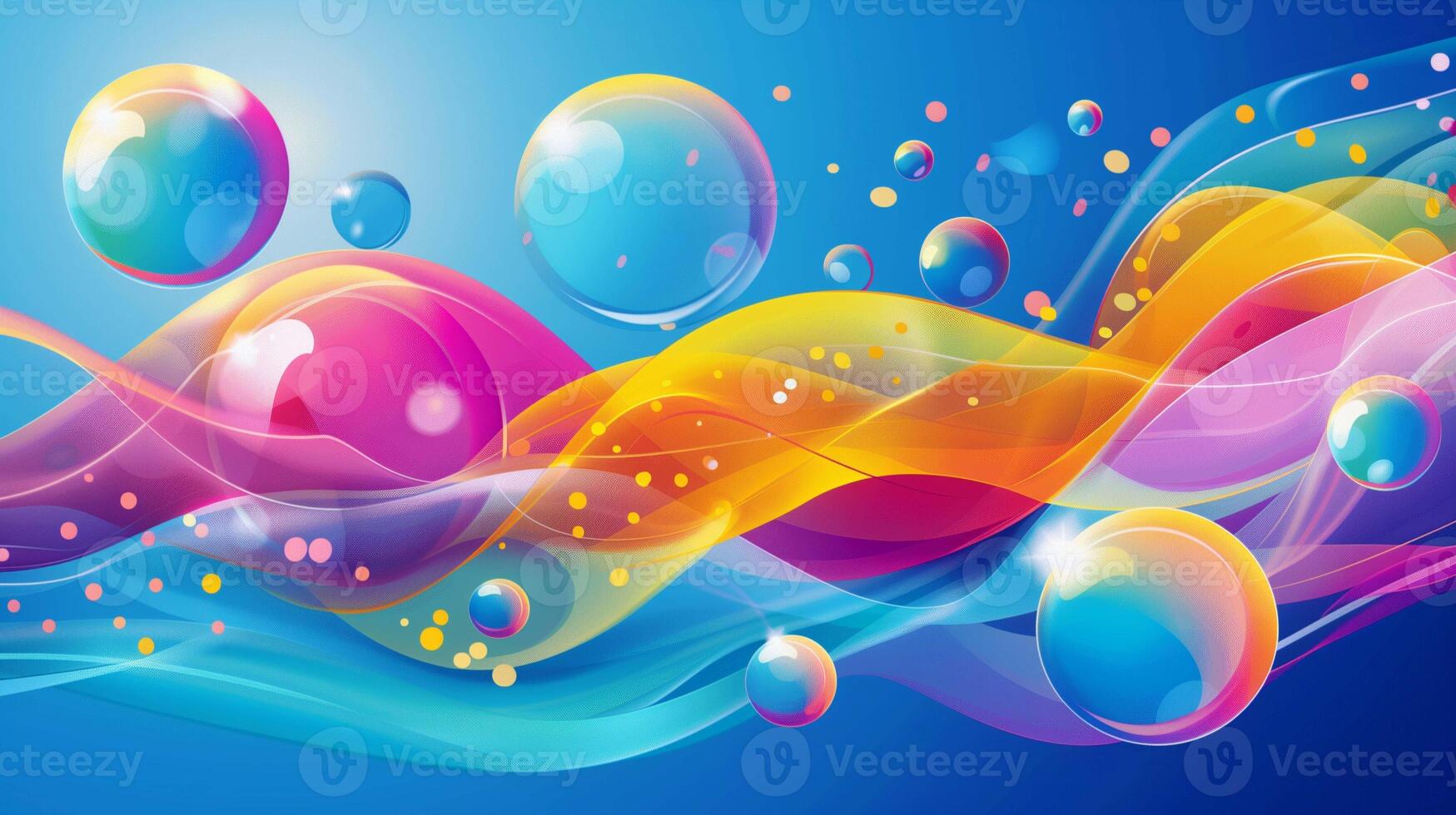 Surreal fluids and bubbles on blue background image. Vivid flows with clear balls scene 2d illustration wallpaper picture backdrop. Decor concept for business presentation corporate photo