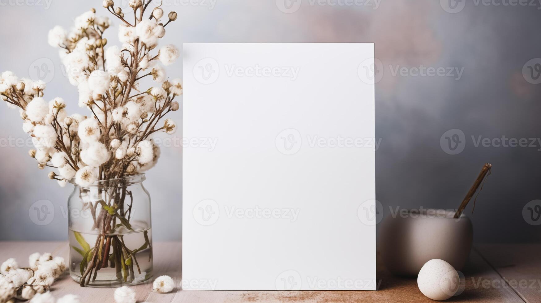 Blank card mockup stands next to soft cotton flowers in glass jar. Elegant stationary presentation template advertising image. Minimalistic invitation mock up product photorealistic photo