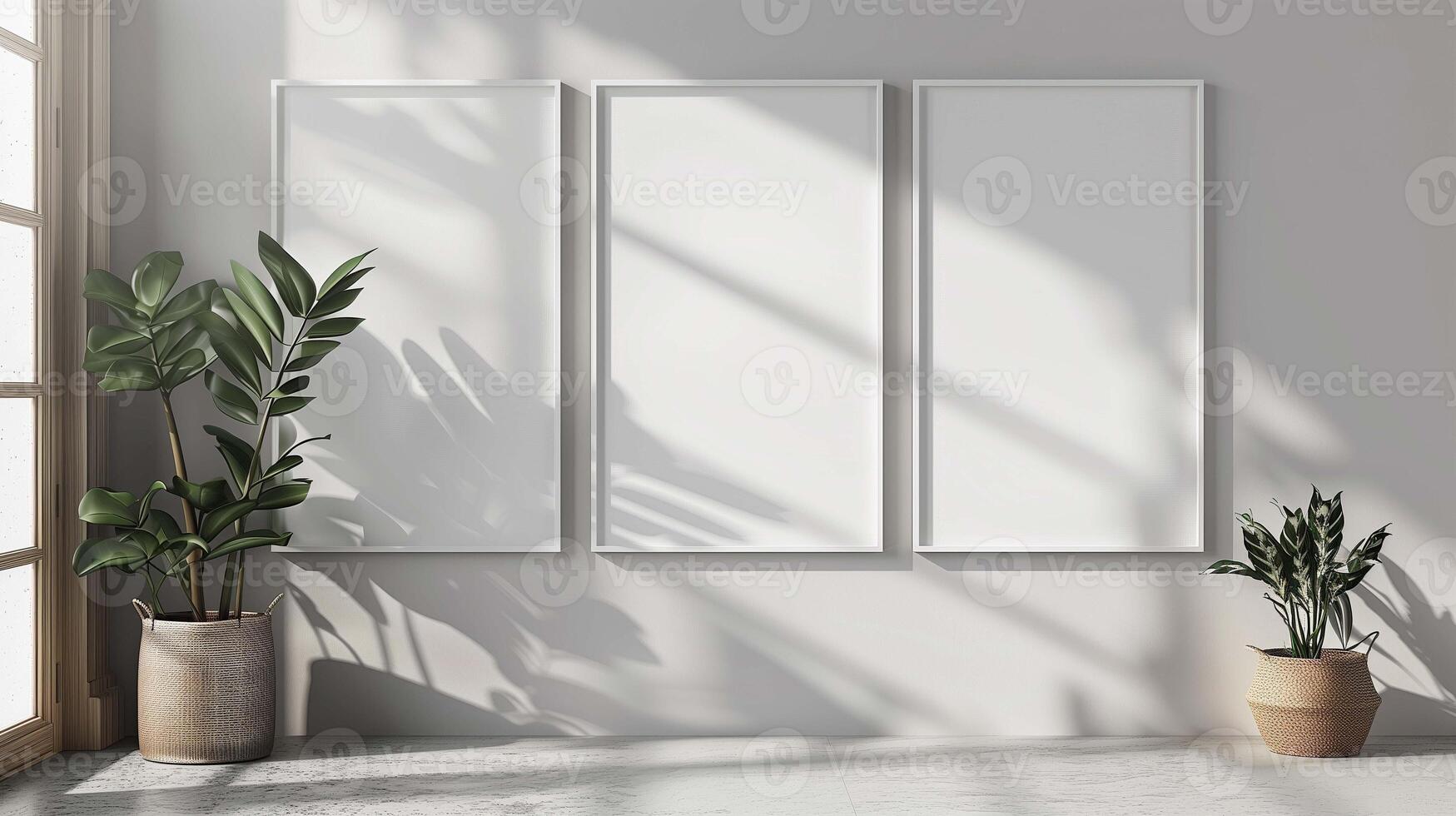 Triptych canvas mockup hanging on wall between houseplants. Minimalist office interior with posters templates advertising image. Decorative pictures mock ups product photorealistic photo